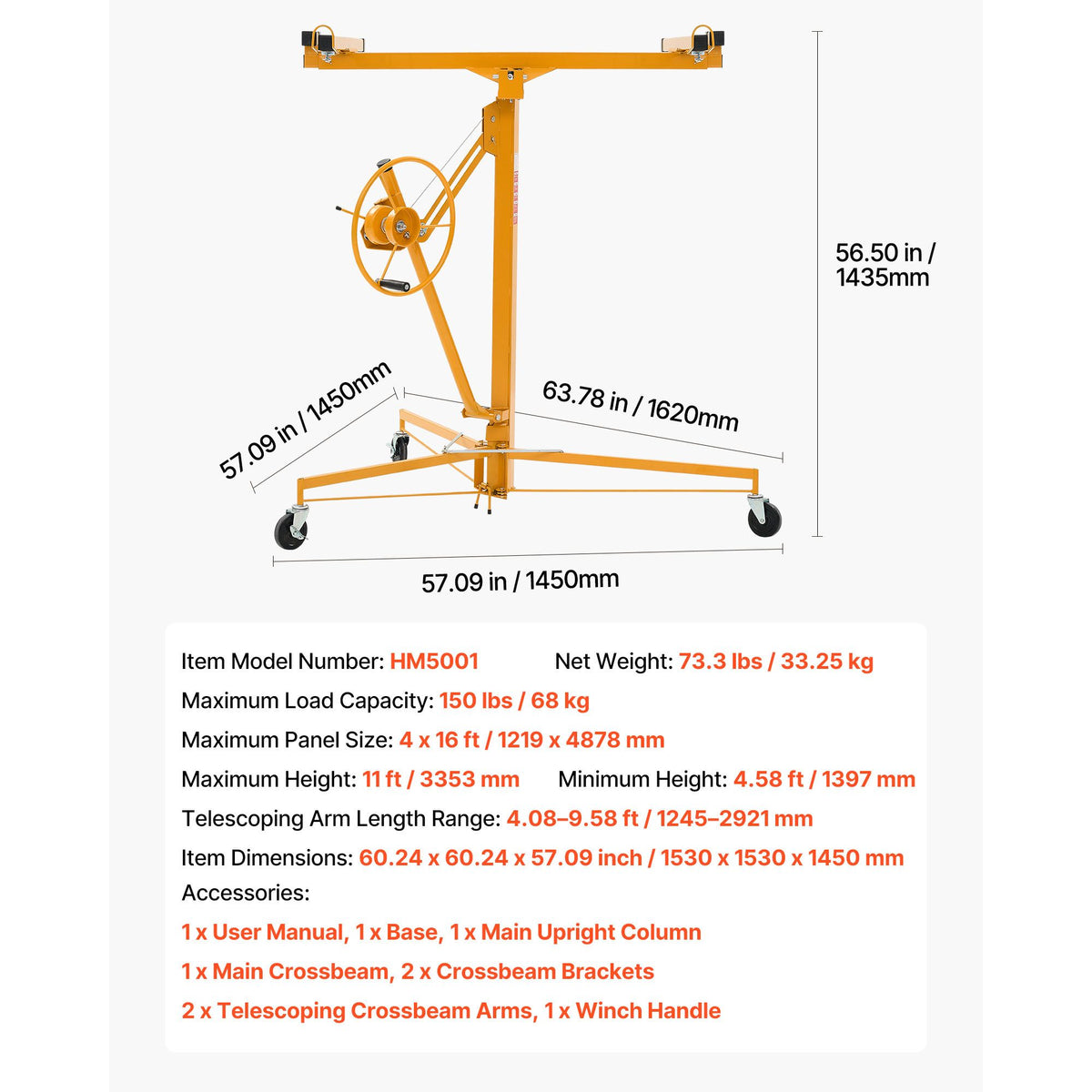 3353mm Drywall Lift, Heavy-Duty 68 kg Sheetrock Hoist with Adjustable Telescoping Arm, Lockable Wheels, Drywall Lifter Panel Jack Hoist Tools Ideal for Ceiling & Wall Installation (Yellow)