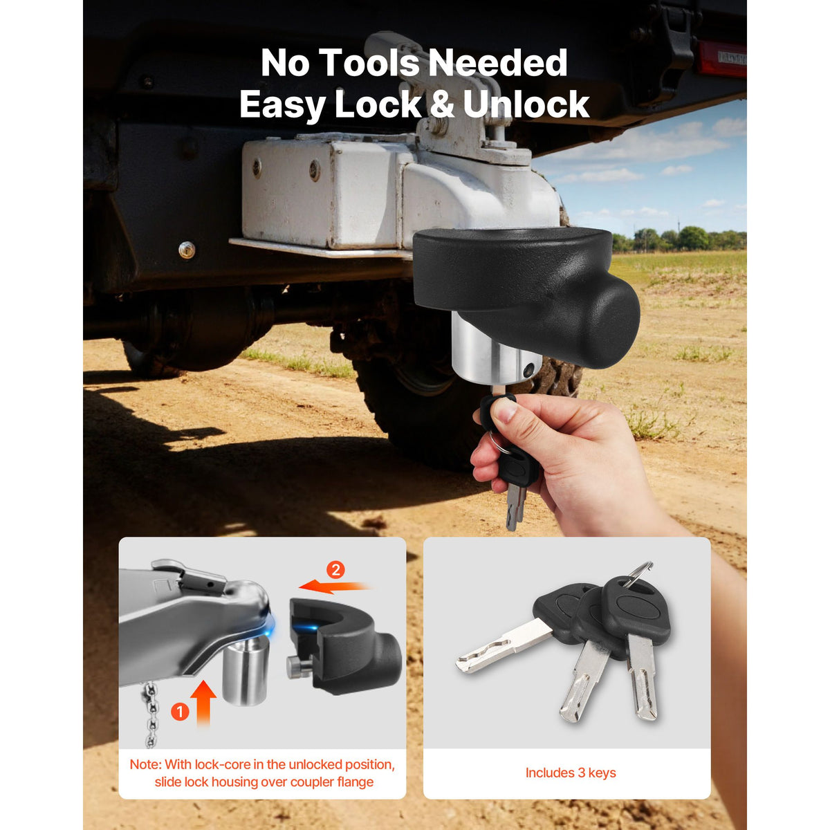 Trailer Hitch Lock, Compatible with 58.7 mm Couplers, Heavy-Duty Anti-Theft Trailer Ball Lock with 3 Keys, Prying-Resistant & Impact-Resistant, Fits for RVs, Boats, Off-Road Vehicles, Trailers