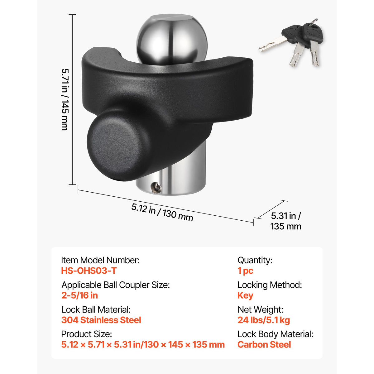 Trailer Hitch Lock, Compatible with 58.7 mm Couplers, Heavy-Duty Anti-Theft Trailer Ball Lock with 3 Keys, Prying-Resistant & Impact-Resistant, Fits for RVs, Boats, Off-Road Vehicles, Trailers