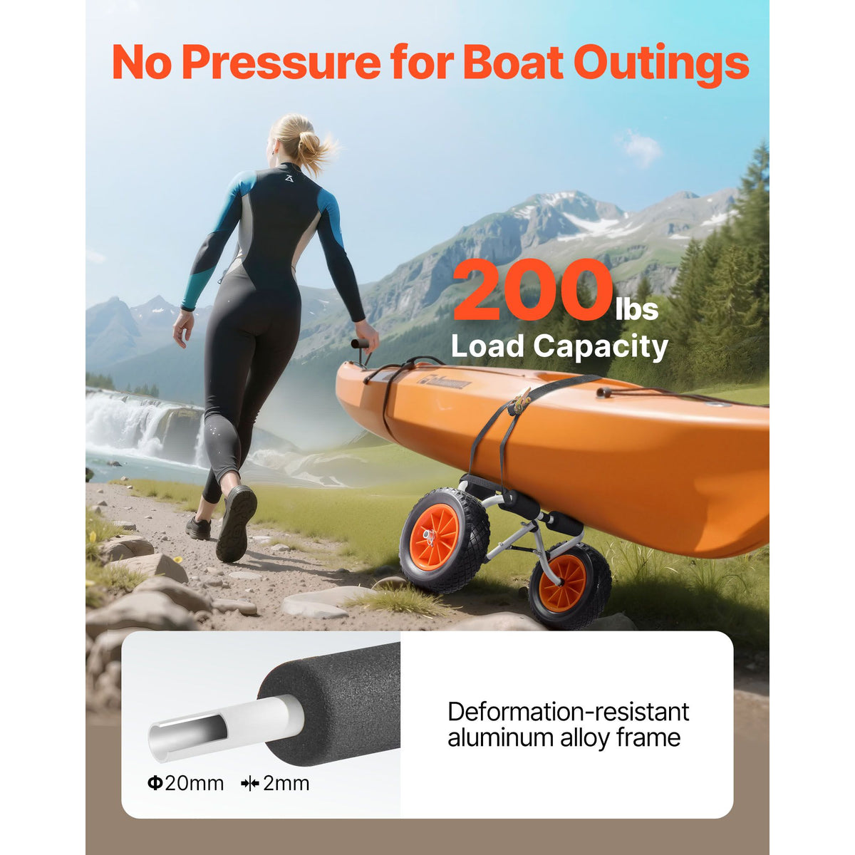 Kayak Cart, 90 kg Load Capacity, Foldable Kayak Trolley with 25.4 cm Solid Rubber Tires & 1 Ratchet Strap, Paddle Board Trolley for Carrying Kayaks, Canoes, Paddleboards, Float Mats, Jon Boats