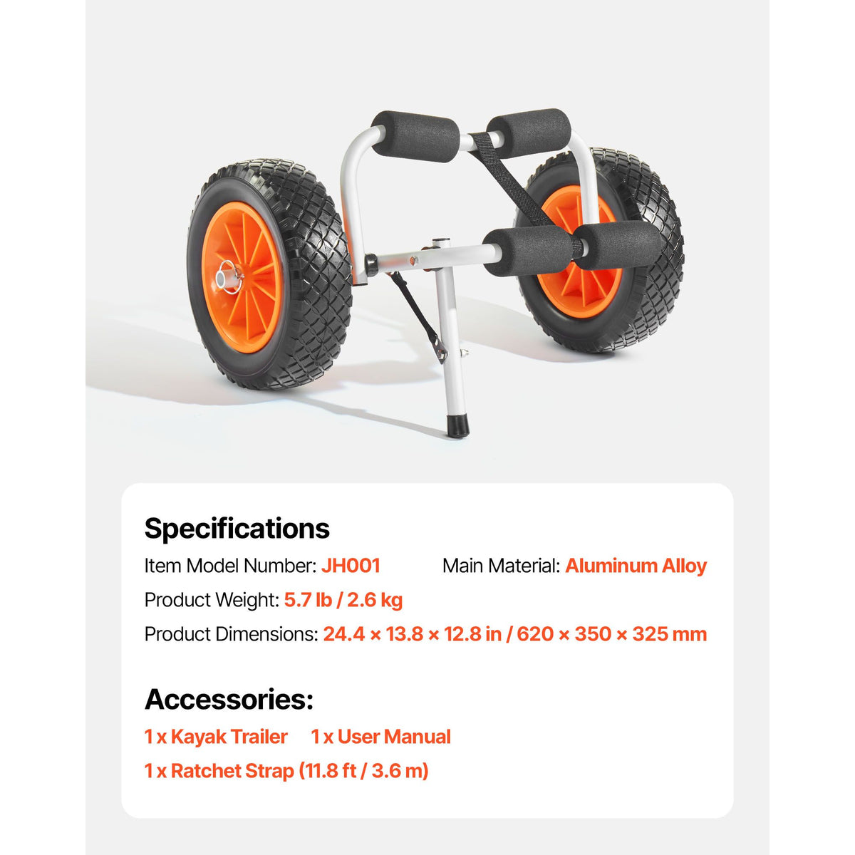 Kayak Cart, 90 kg Load Capacity, Foldable Kayak Trolley with 25.4 cm Solid Rubber Tires & 1 Ratchet Strap, Paddle Board Trolley for Carrying Kayaks, Canoes, Paddleboards, Float Mats, Jon Boats