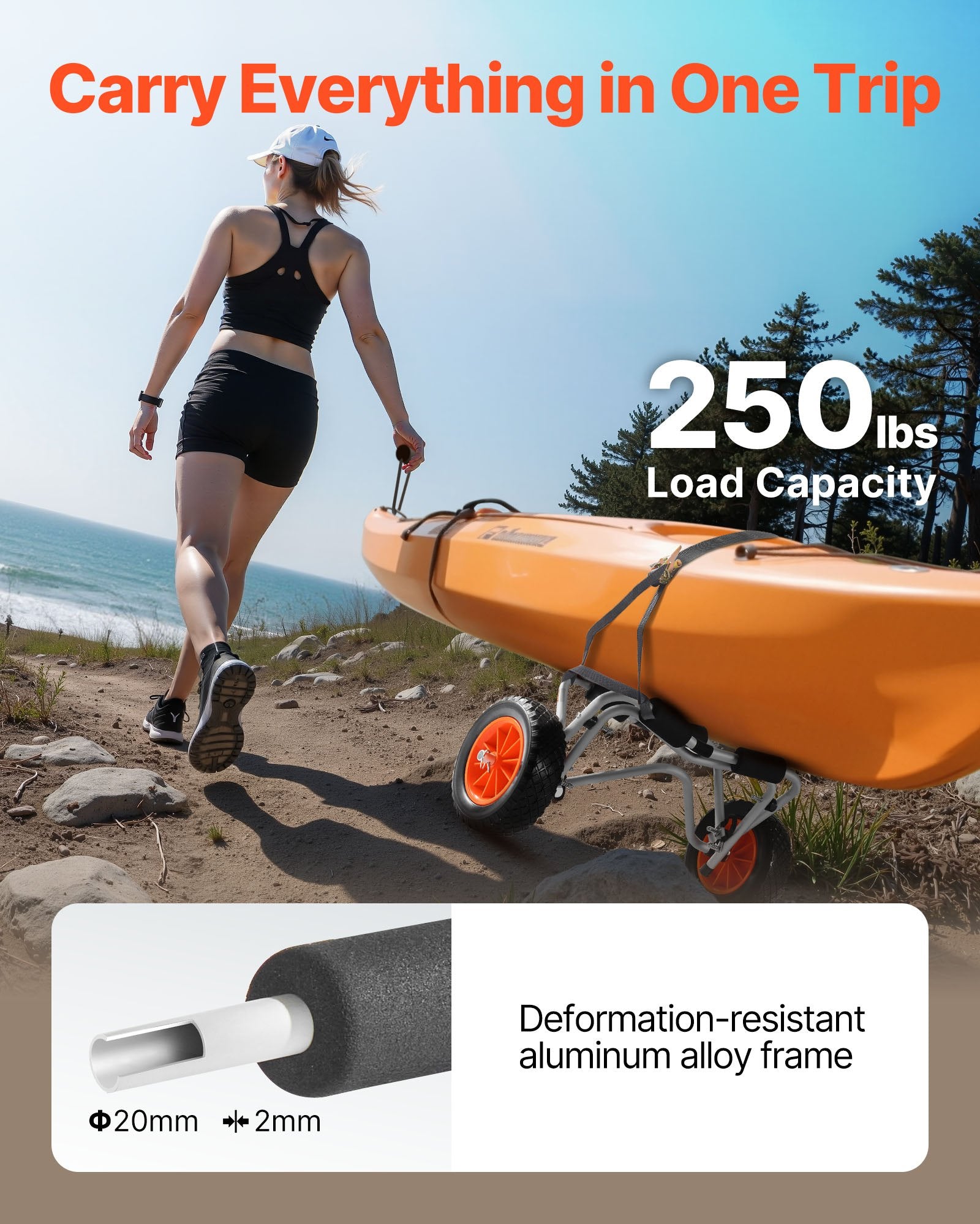 Canoes & Kayaks: VEVOR Kayak Cart, 113.4 kg Load Capacity, Foldable Kayak Trolley with 25.4 cm Solid Rubber Tires & 1 Ratchet Strap, Paddle Board Trolley for Carrying Kayaks, Canoes, Paddleboards, Float Mats,Jon Boats