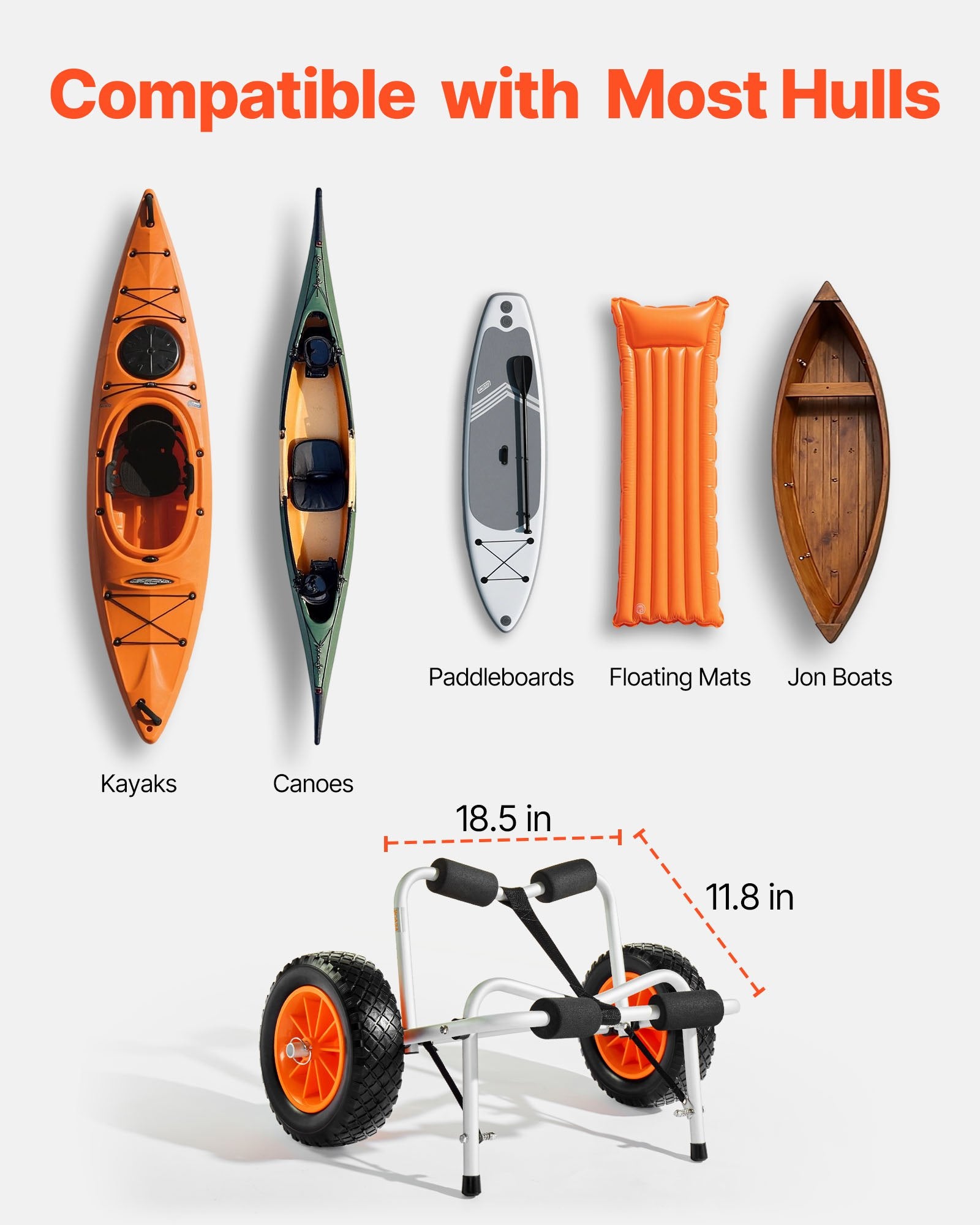 Canoes & Kayaks: VEVOR Kayak Cart, 113.4 kg Load Capacity, Foldable Kayak Trolley with 25.4 cm Solid Rubber Tires & 1 Ratchet Strap, Paddle Board Trolley for Carrying Kayaks, Canoes, Paddleboards, Float Mats,Jon Boats