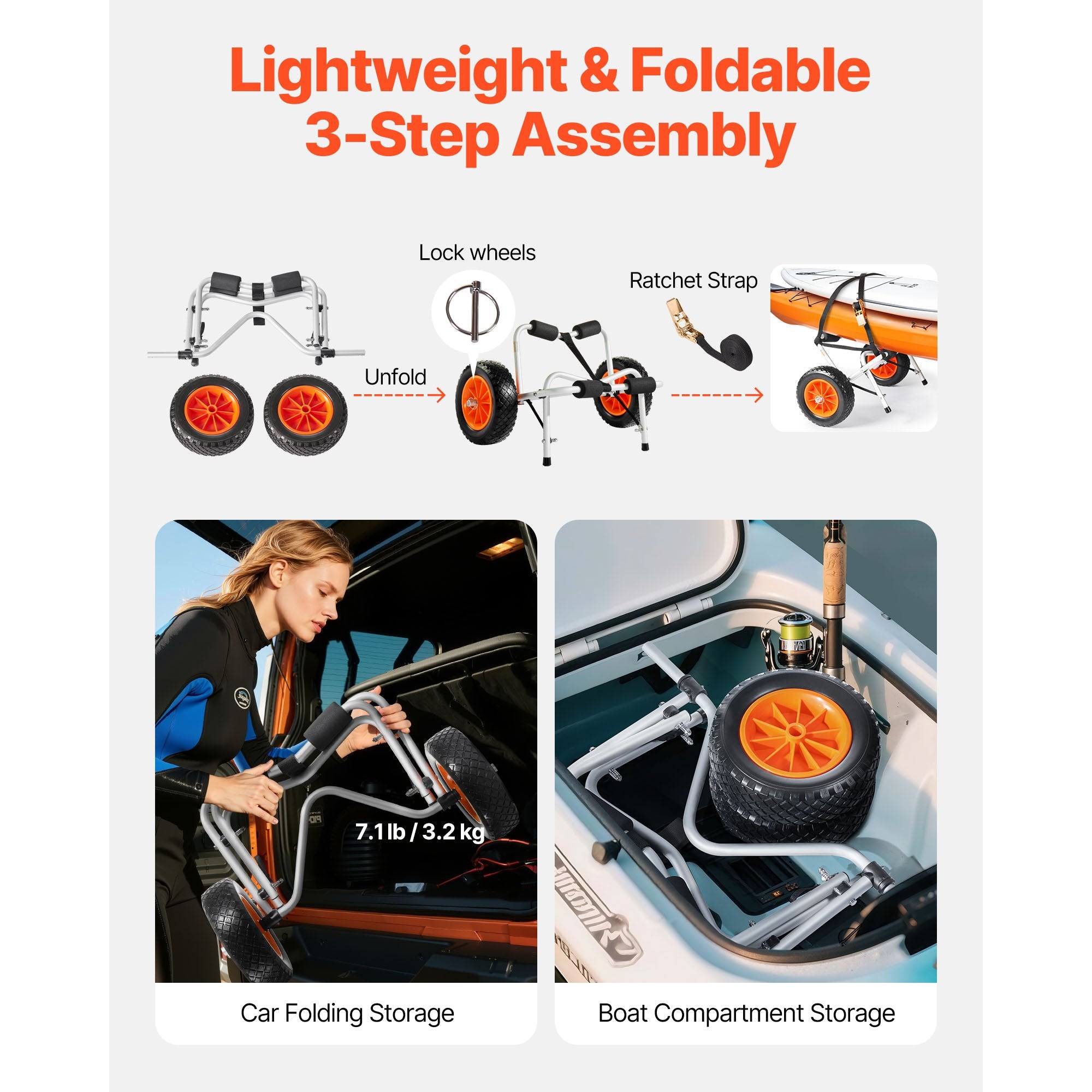 Canoes & Kayaks: VEVOR Kayak Cart, 113.4 kg Load Capacity, Foldable Kayak Trolley with 25.4 cm Solid Rubber Tires & 1 Ratchet Strap, Paddle Board Trolley for Carrying Kayaks, Canoes, Paddleboards, Float Mats,Jon Boats