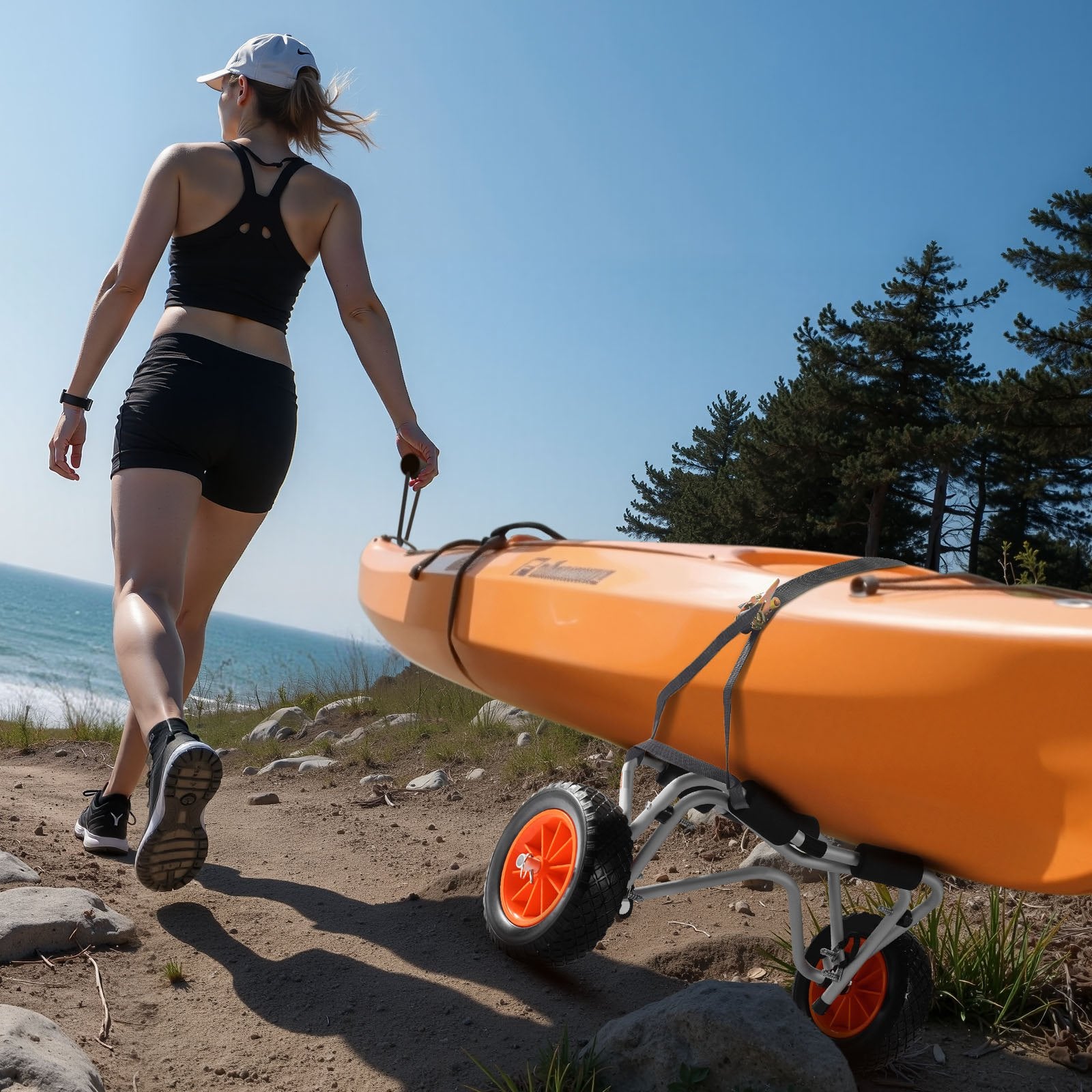Canoes & Kayaks: VEVOR Kayak Cart, 113.4 kg Load Capacity, Foldable Kayak Trolley with 25.4 cm Solid Rubber Tires & 1 Ratchet Strap, Paddle Board Trolley for Carrying Kayaks, Canoes, Paddleboards, Float Mats,Jon Boats