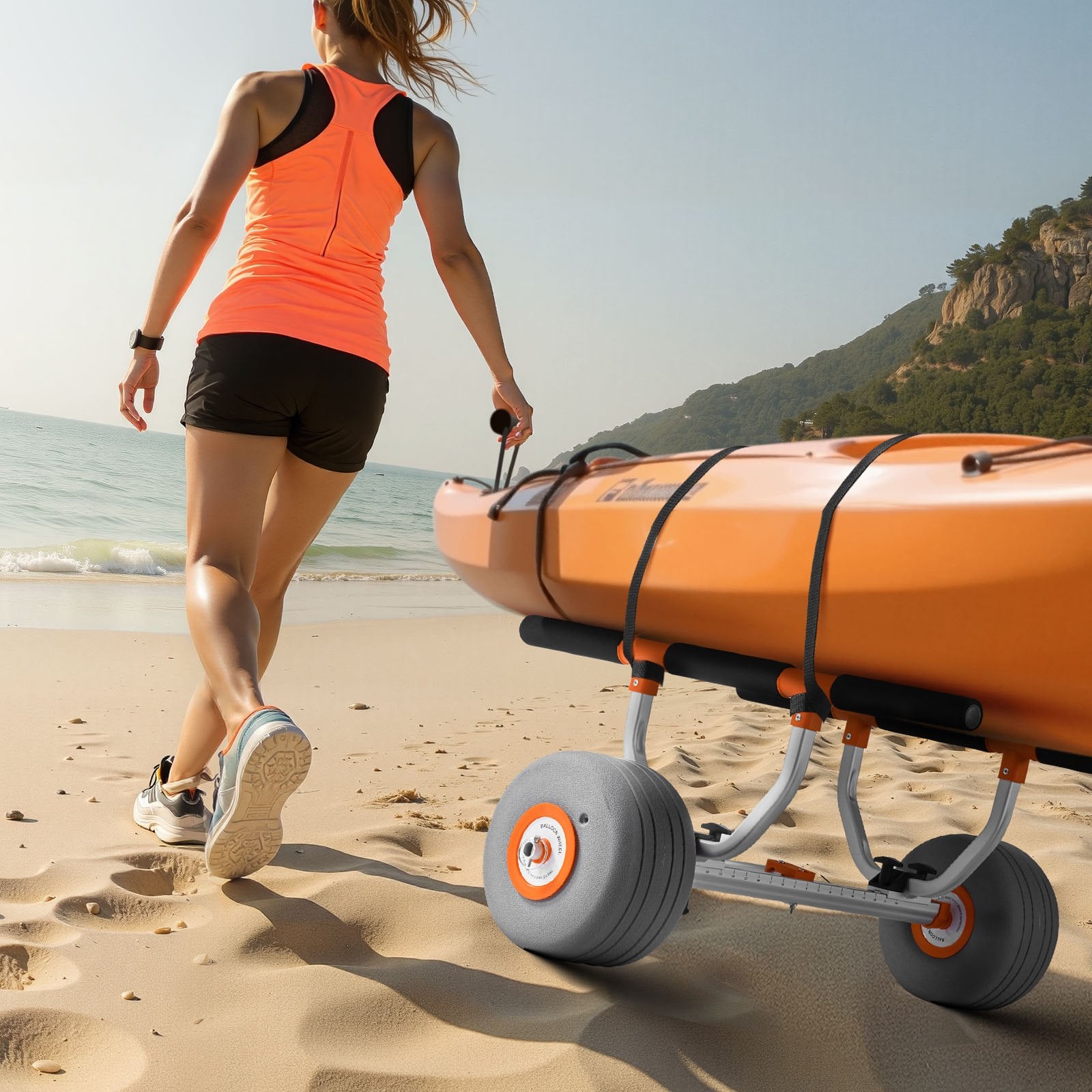 Kayak Cart, 158.8 kg Load Capacity, Kayak Trolley with 30.5 cm Inflatable PU Tires & 2 Straps, Assembles & Disassembles Within Seconds, Paddle Board Trolley for Carrying Kayaks and Canoes