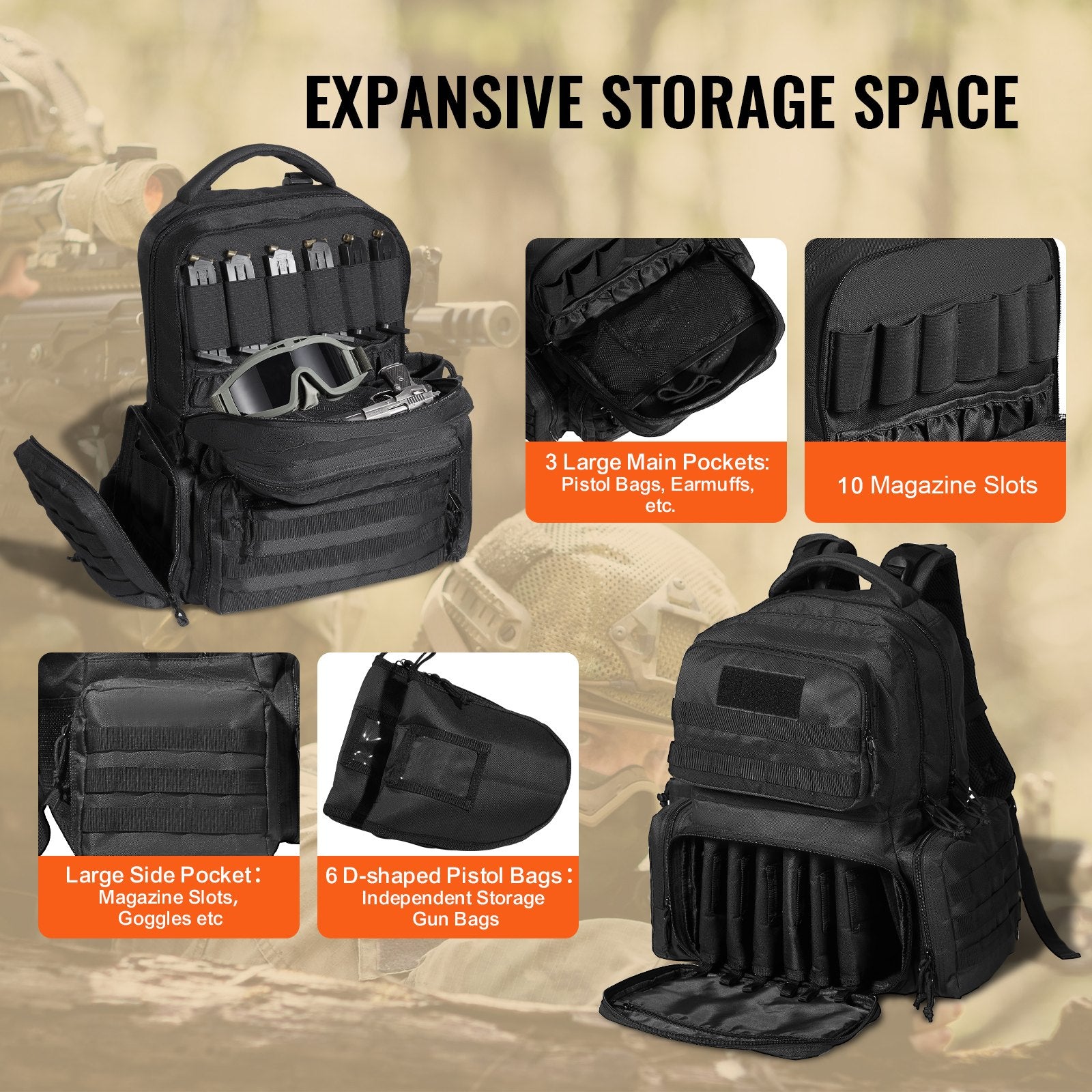 Basketball & Basketball Accessories: VEVOR Tactical Range Backpack for 6 Pistols Gun Backpack Black