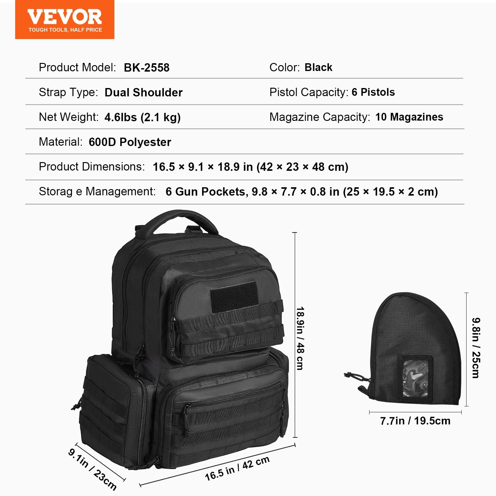 Basketball & Basketball Accessories: VEVOR Tactical Range Backpack for 6 Pistols Gun Backpack Black