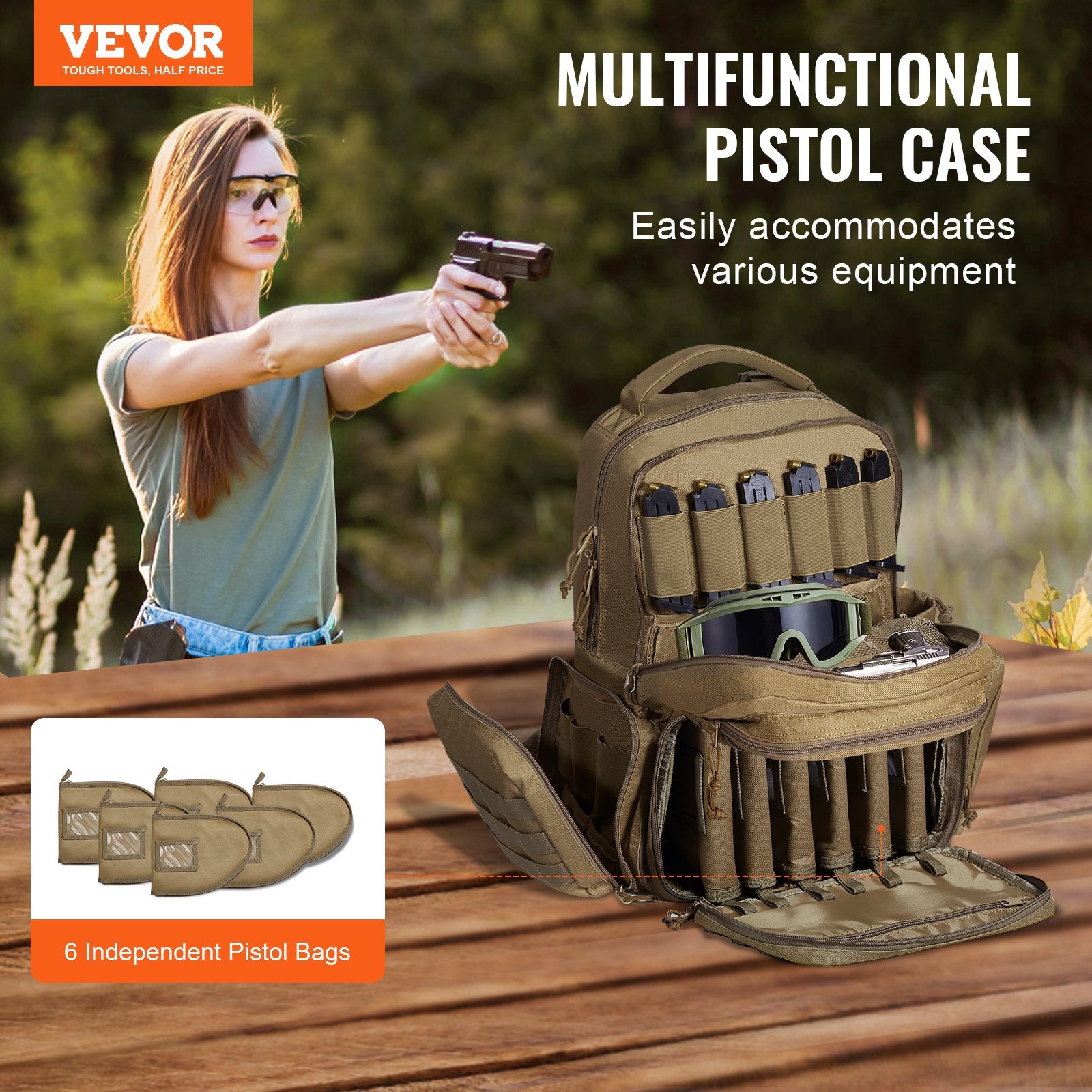 Camp Safety Equipment: VEVOR Tactical Range Backpack for 6 Pistols, Gun Backpack with 6 Independent Pistol Bags & 10 Magazines, Pistol Backpack for Outdoor Hunting Shooting, Range Bag for Handguns Lockable Zipper,  Brown