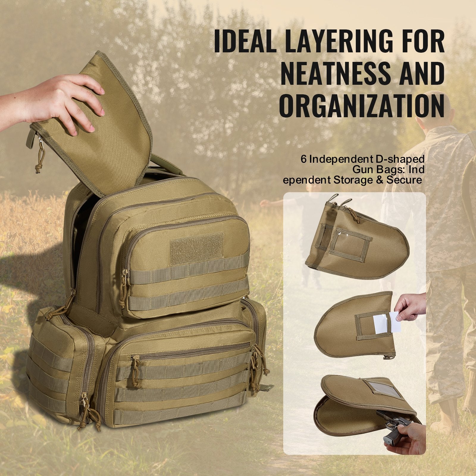 Camp Safety Equipment: VEVOR Tactical Range Backpack for 6 Pistols, Gun Backpack with 6 Independent Pistol Bags & 10 Magazines, Pistol Backpack for Outdoor Hunting Shooting, Range Bag for Handguns Lockable Zipper,  Brown