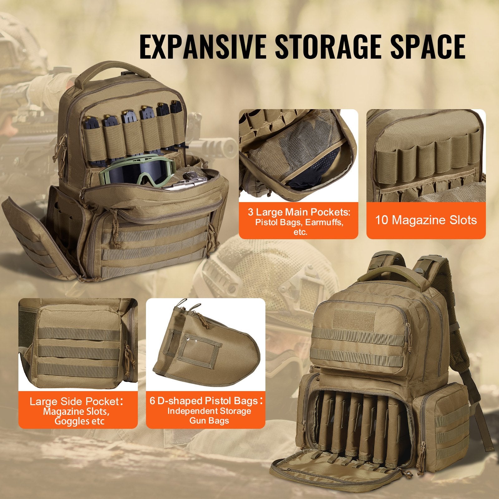Camp Safety Equipment: VEVOR Tactical Range Backpack for 6 Pistols, Gun Backpack with 6 Independent Pistol Bags & 10 Magazines, Pistol Backpack for Outdoor Hunting Shooting, Range Bag for Handguns Lockable Zipper,  Brown