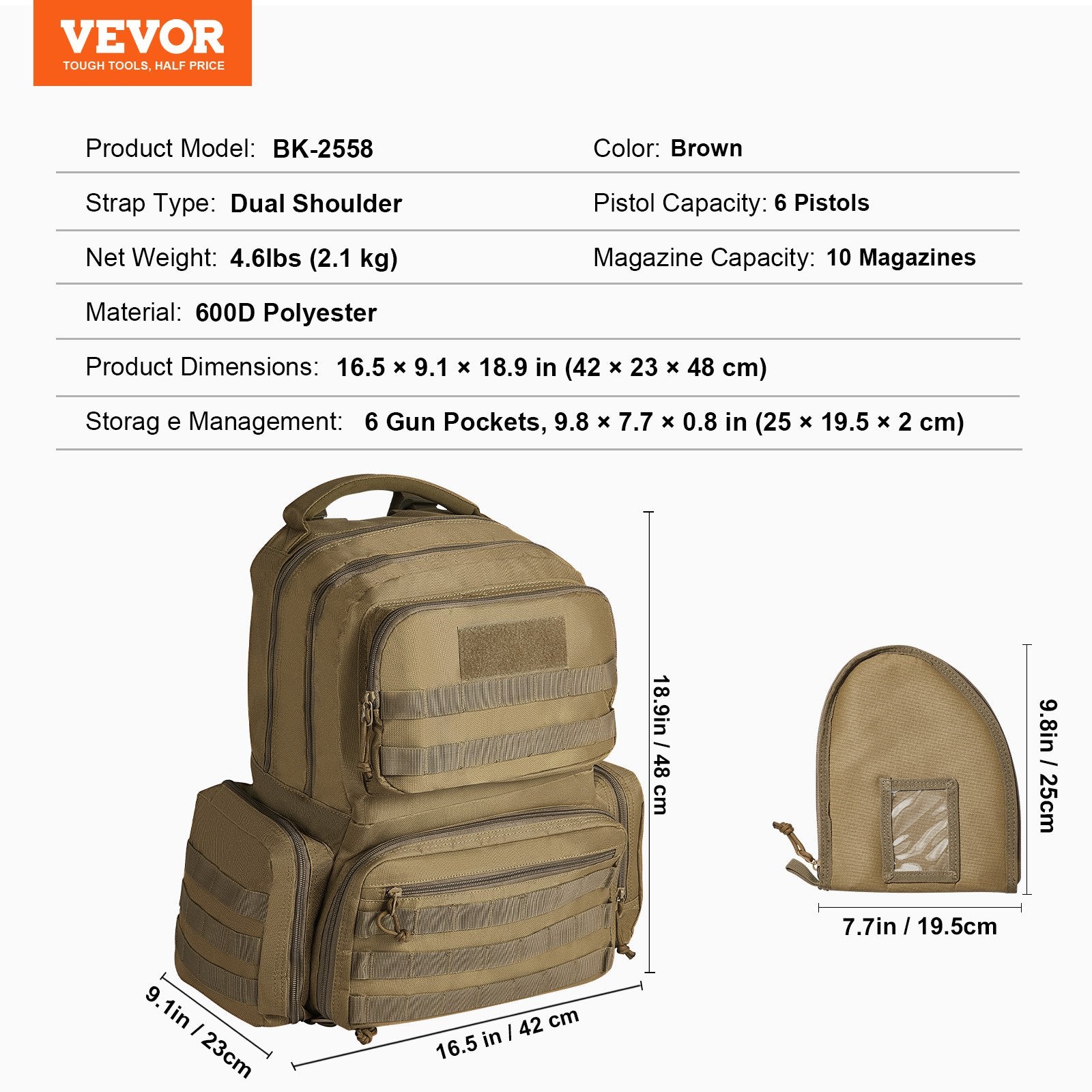 Camp Safety Equipment: VEVOR Tactical Range Backpack for 6 Pistols, Gun Backpack with 6 Independent Pistol Bags & 10 Magazines, Pistol Backpack for Outdoor Hunting Shooting, Range Bag for Handguns Lockable Zipper,  Brown