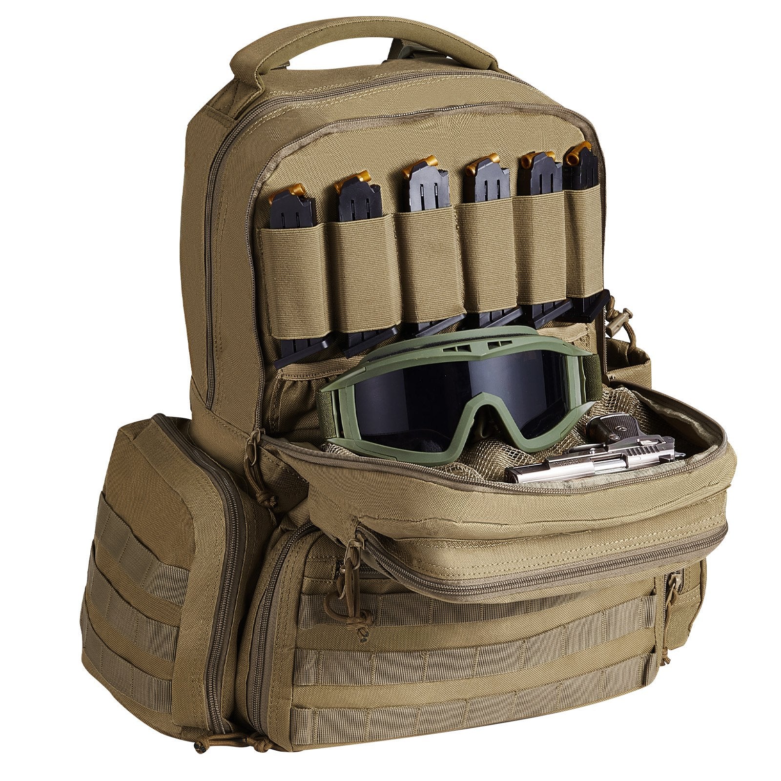 Camp Safety Equipment: VEVOR Tactical Range Backpack for 6 Pistols, Gun Backpack with 6 Independent Pistol Bags & 10 Magazines, Pistol Backpack for Outdoor Hunting Shooting, Range Bag for Handguns Lockable Zipper,  Brown