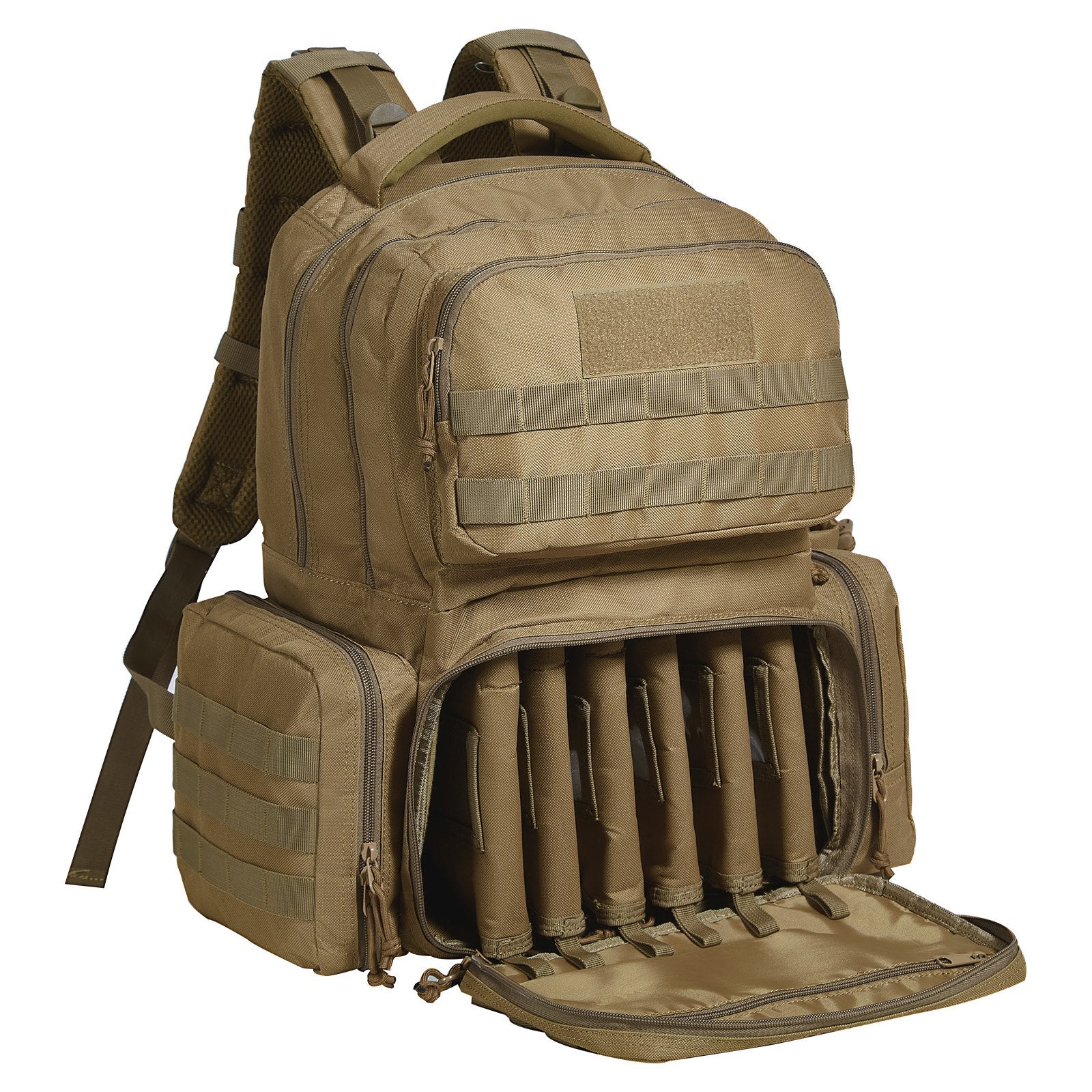 Camp Safety Equipment: VEVOR Tactical Range Backpack for 6 Pistols, Gun Backpack with 6 Independent Pistol Bags & 10 Magazines, Pistol Backpack for Outdoor Hunting Shooting, Range Bag for Handguns Lockable Zipper,  Brown