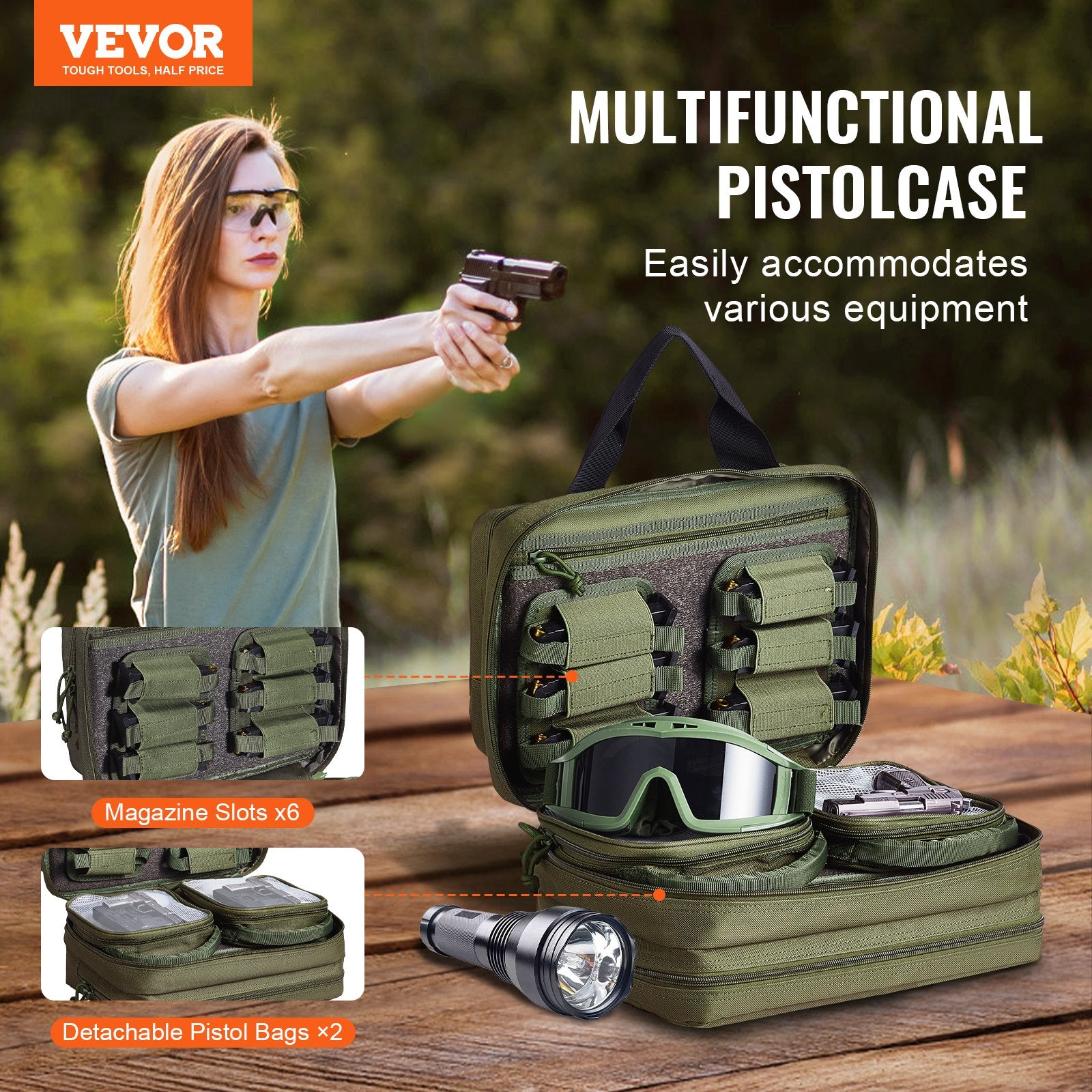 Clothing & Wardrobe Storage: VEVOR Range Bag for 2 Pistols Tactical Gun Bag 2 Built-in Pistol Bags Green