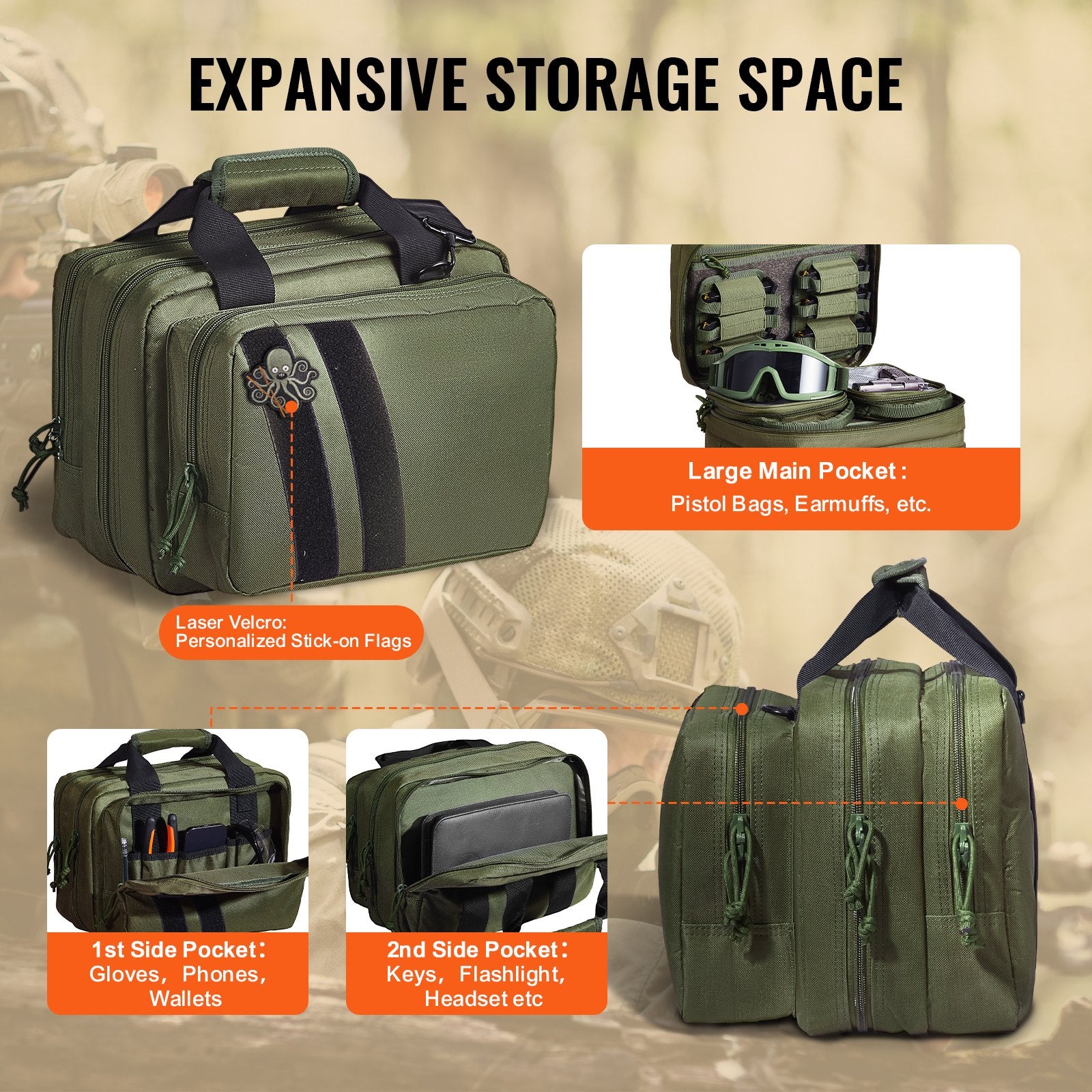 Clothing & Wardrobe Storage: VEVOR Range Bag for 2 Pistols Tactical Gun Bag 2 Built-in Pistol Bags Green