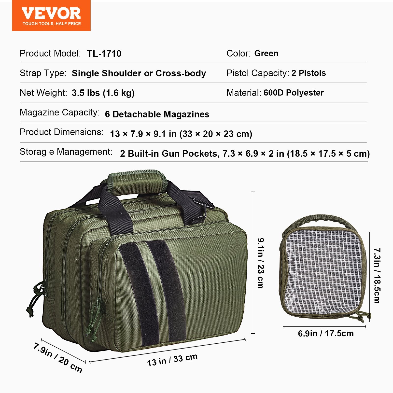 Clothing & Wardrobe Storage: VEVOR Range Bag for 2 Pistols Tactical Gun Bag 2 Built-in Pistol Bags Green