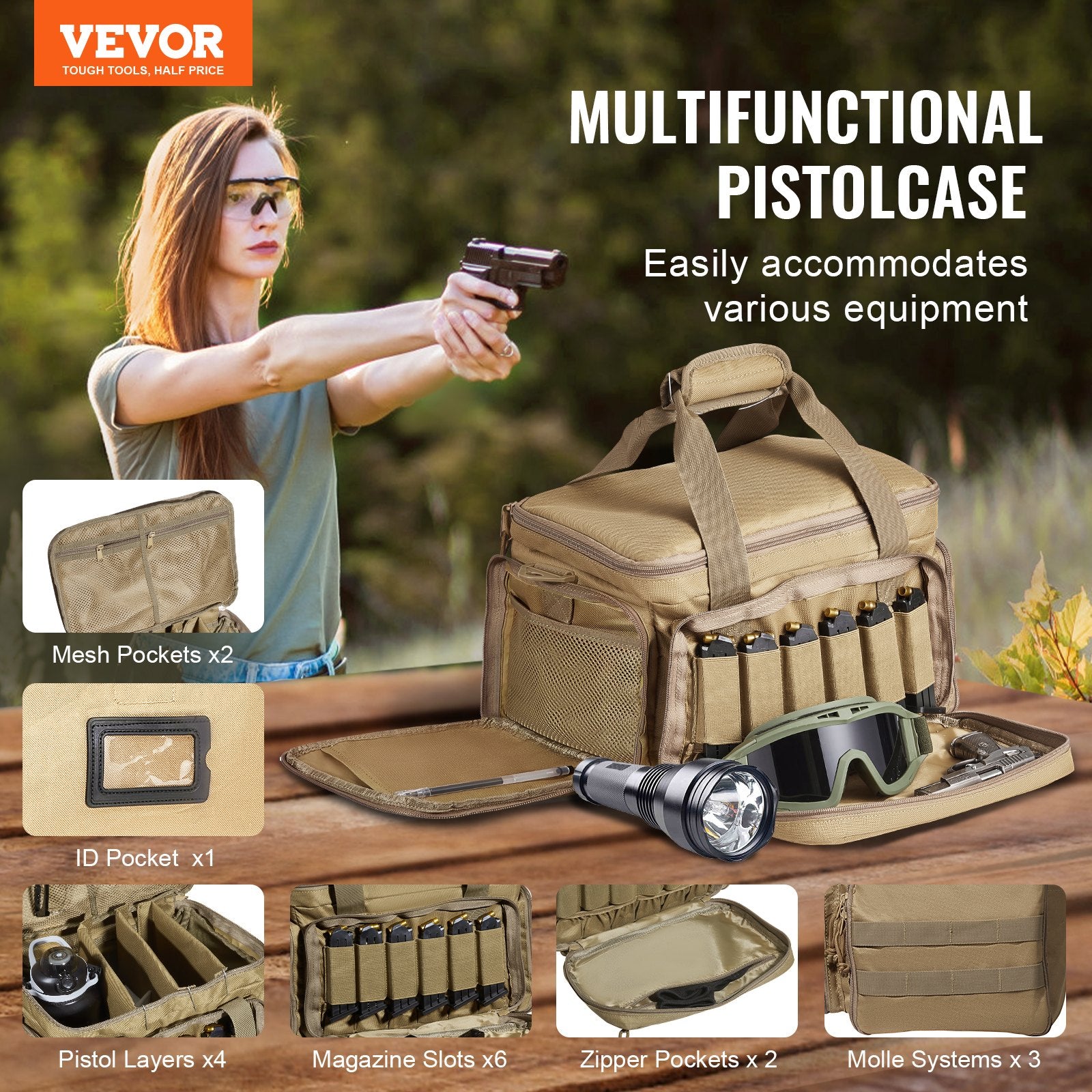 Basketball & Basketball Accessories: VEVOR Range Bag for 4 Pistols, Tactical Gun Range Bag with 3 Detachable Baffles & 6 Magazines, Firearm Shooting Handgun Bag for Outdoor Hunting Shooting Pistol Bag with Single Shoulder Strip, Brown