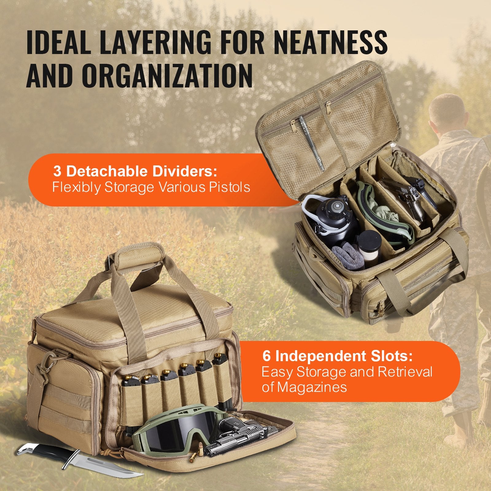 Basketball & Basketball Accessories: VEVOR Range Bag for 4 Pistols, Tactical Gun Range Bag with 3 Detachable Baffles & 6 Magazines, Firearm Shooting Handgun Bag for Outdoor Hunting Shooting Pistol Bag with Single Shoulder Strip, Brown