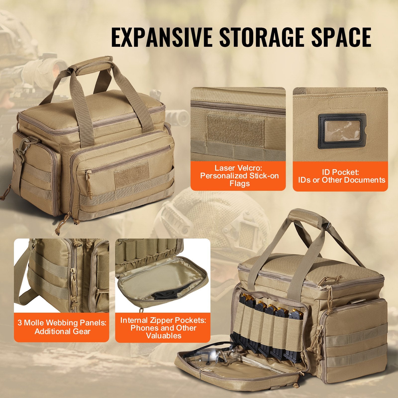 Basketball & Basketball Accessories: VEVOR Range Bag for 4 Pistols, Tactical Gun Range Bag with 3 Detachable Baffles & 6 Magazines, Firearm Shooting Handgun Bag for Outdoor Hunting Shooting Pistol Bag with Single Shoulder Strip, Brown