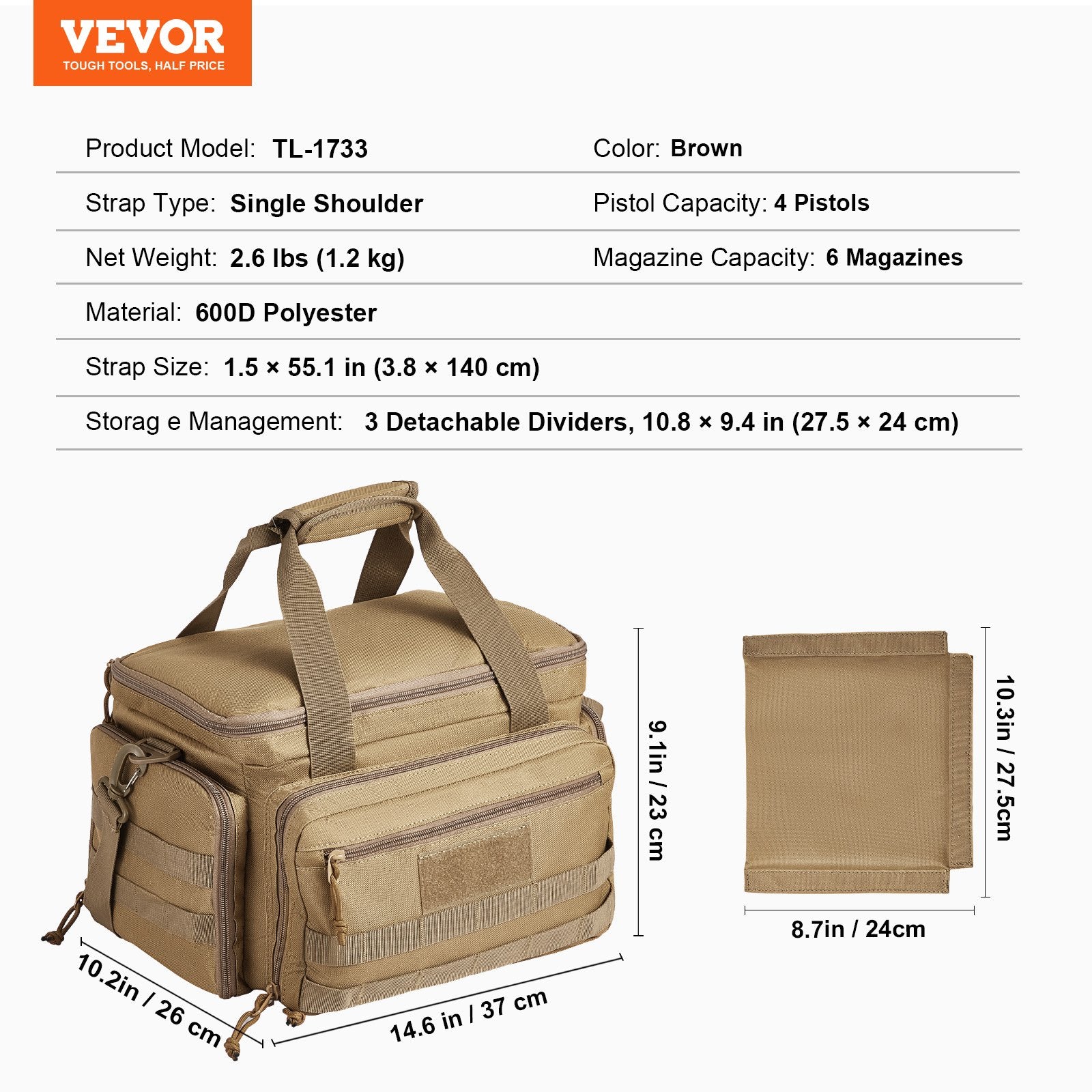 Basketball & Basketball Accessories: VEVOR Range Bag for 4 Pistols, Tactical Gun Range Bag with 3 Detachable Baffles & 6 Magazines, Firearm Shooting Handgun Bag for Outdoor Hunting Shooting Pistol Bag with Single Shoulder Strip, Brown