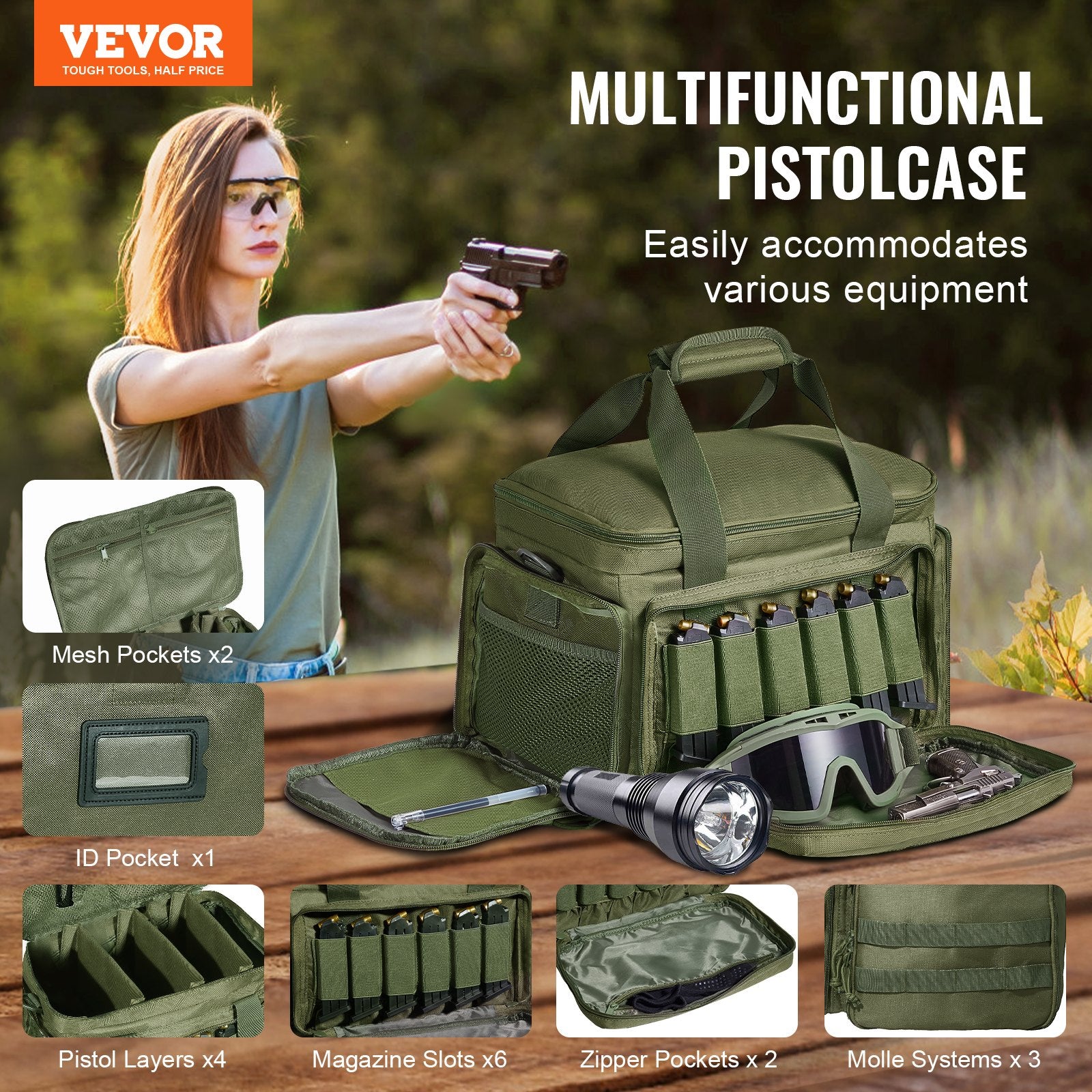 Camp Safety Equipment: VEVOR Soft Pistol Case for 4 Pistols Handgun Bag Outdoor Hunting Shooting Green