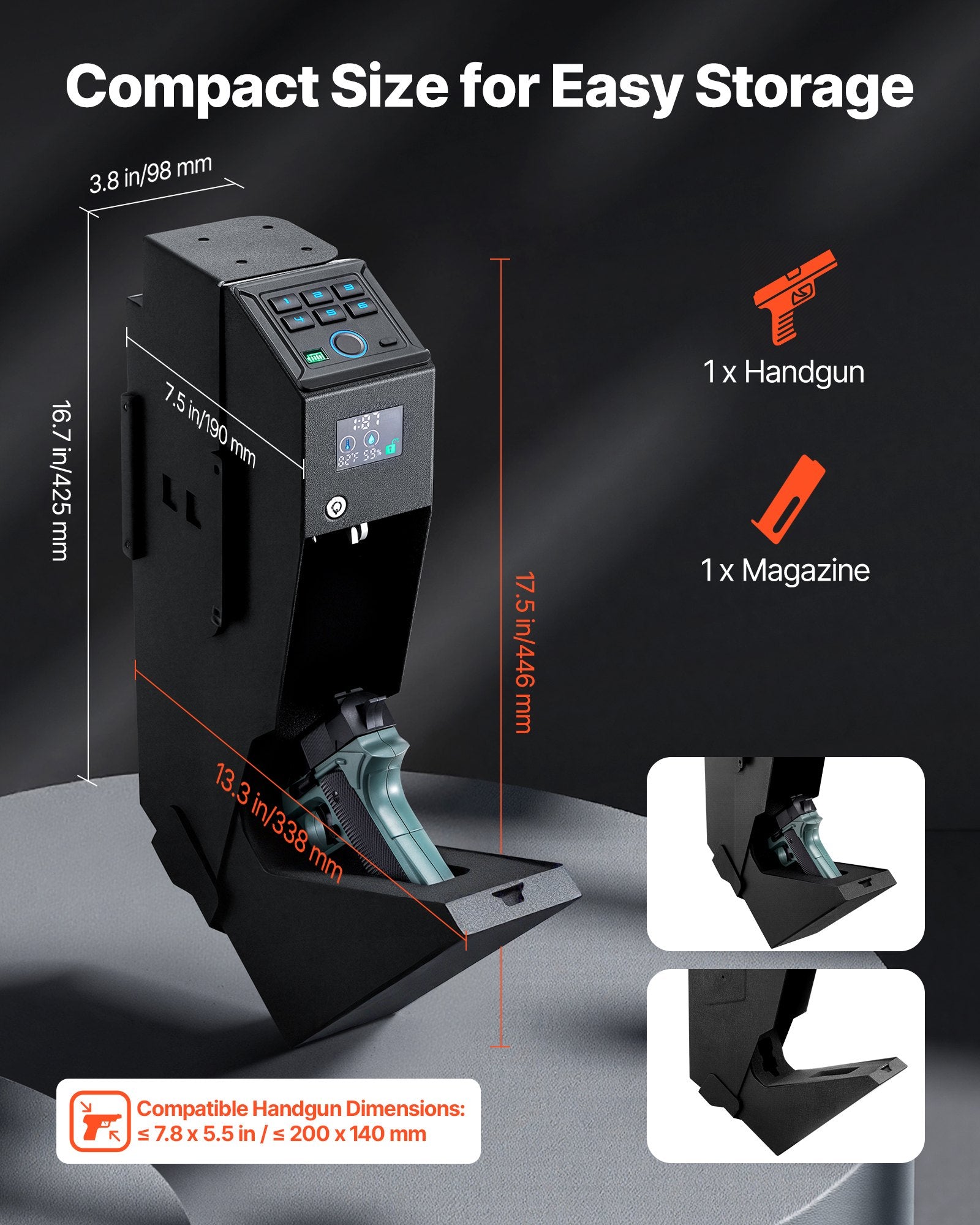 Gun Safe, Slider Handgun Gun Safe with Screen, Fingerprint/Password/Key, 3-Way Quick Access Firearm Case Box with LED for 1 Pistol & Magazine, Mounted Gun Box for Nightstand Bedside Desk Car