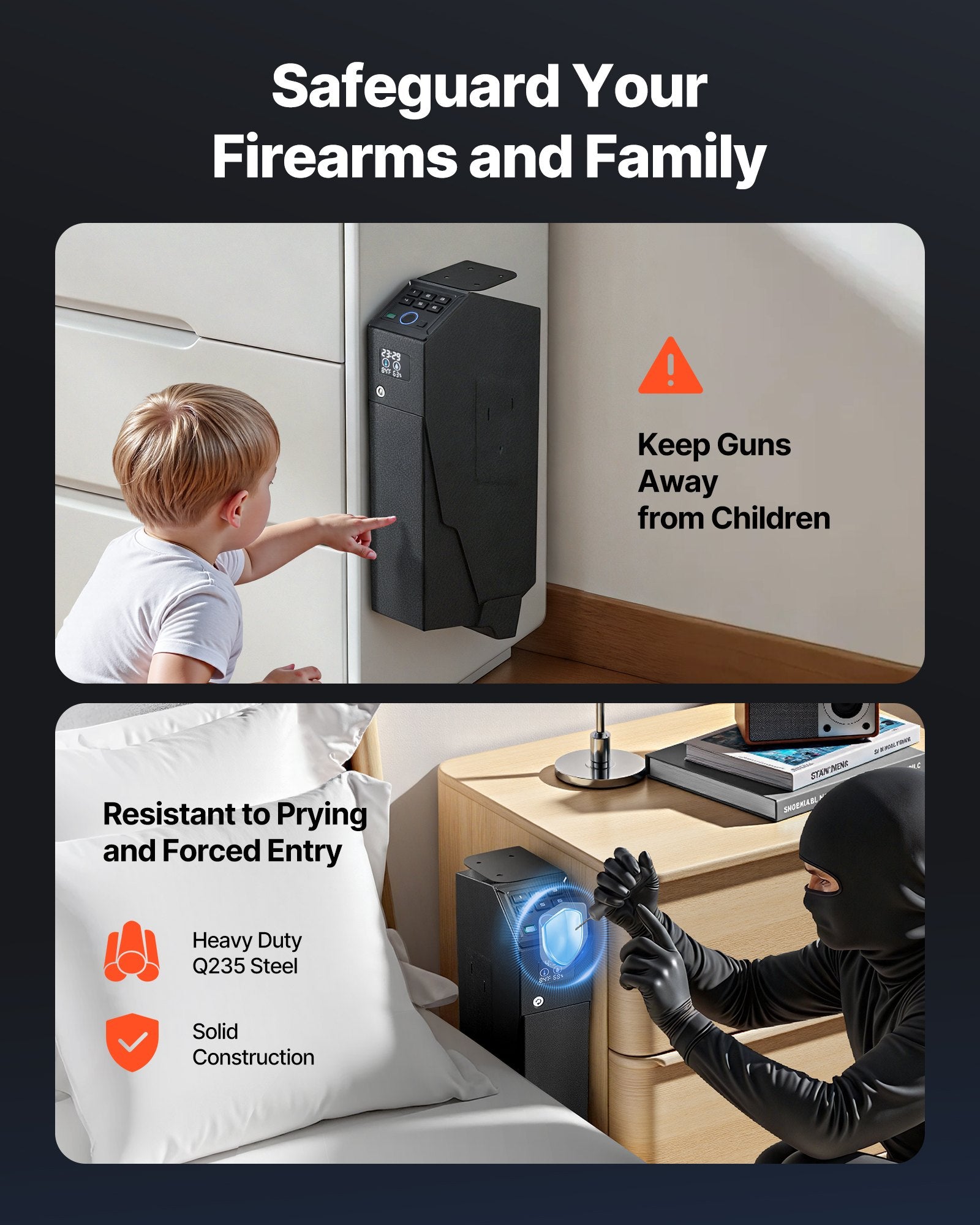 Gun Safe, Slider Handgun Gun Safe with Screen, Fingerprint/Password/Key, 3-Way Quick Access Firearm Case Box with LED for 1 Pistol & Magazine, Mounted Gun Box for Nightstand Bedside Desk Car