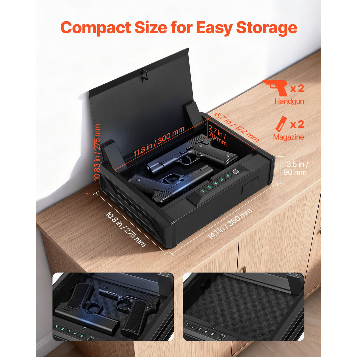 Gun Safe, Heavy Duty Handgun Safe with Fingerprint/Password/Key, 3-Way Quick Access Firearm Case Box with Lighting for 2 Pistols & 2 Magazines, Pistol Gun Box for Nightstand Bedside Desk Car