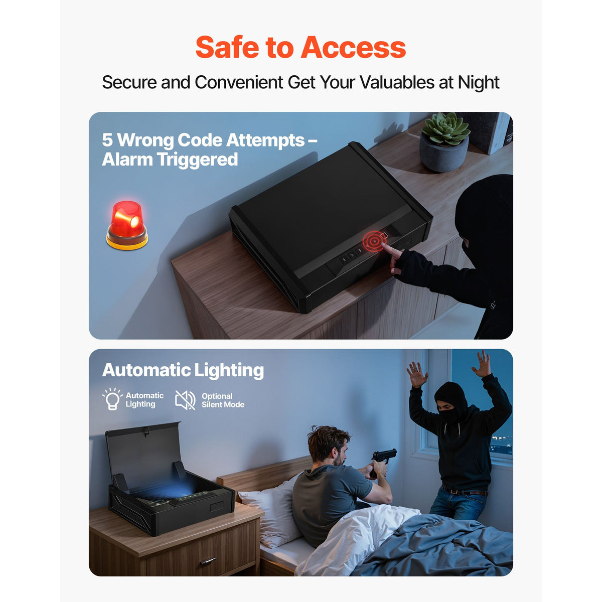 Gun Safe, Heavy Duty Handgun Safe with Fingerprint/Password/Key, 3-Way Quick Access Firearm Case Box with Lighting for 2 Pistols & 2 Magazines, Pistol Gun Box for Nightstand Bedside Desk Car