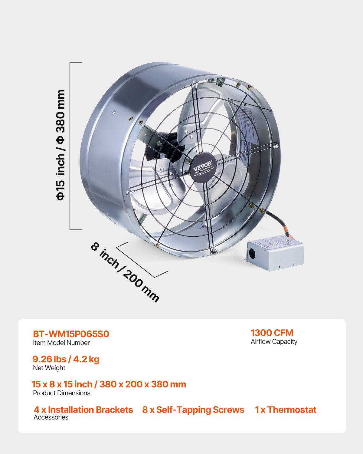Automotive Repair & Speciality Tools: VEVOR 380 mm Gable Mount Fan 1300 CFM Attic Vent Fan with Adjustable Thermostat