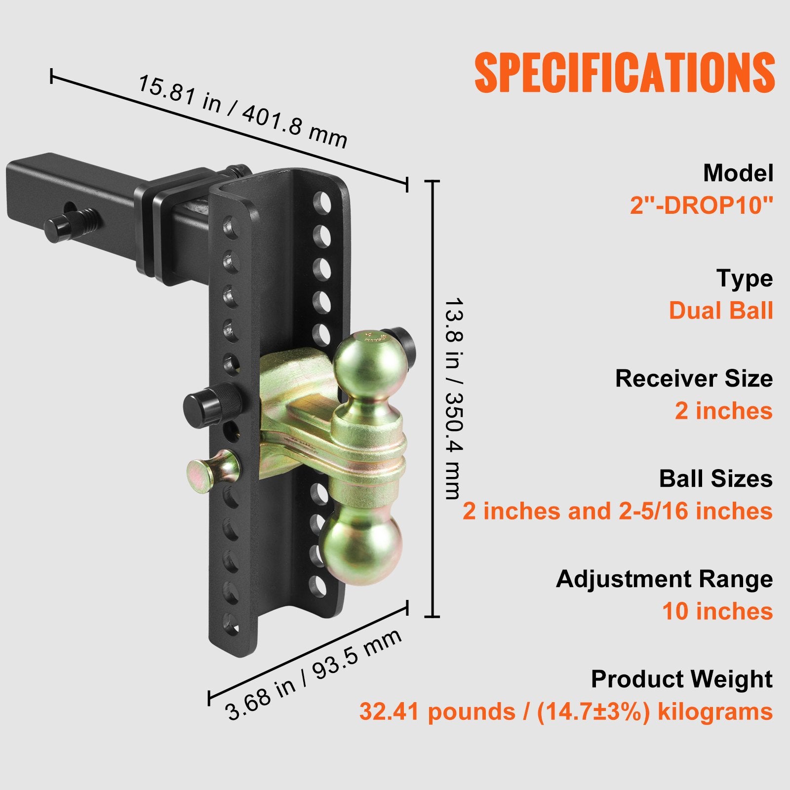 Adjustable Trailer Hitch, 25.4 cm Drop & 21.59 cm Rise Hitch Ball Mount with 5.08 cm Receiver, Solid Tube, 6350 kgs GTW, 5.08 cm & 5.08-0.79 cm 45# Steel Tow Balls with Key Lock for Truck Towing
