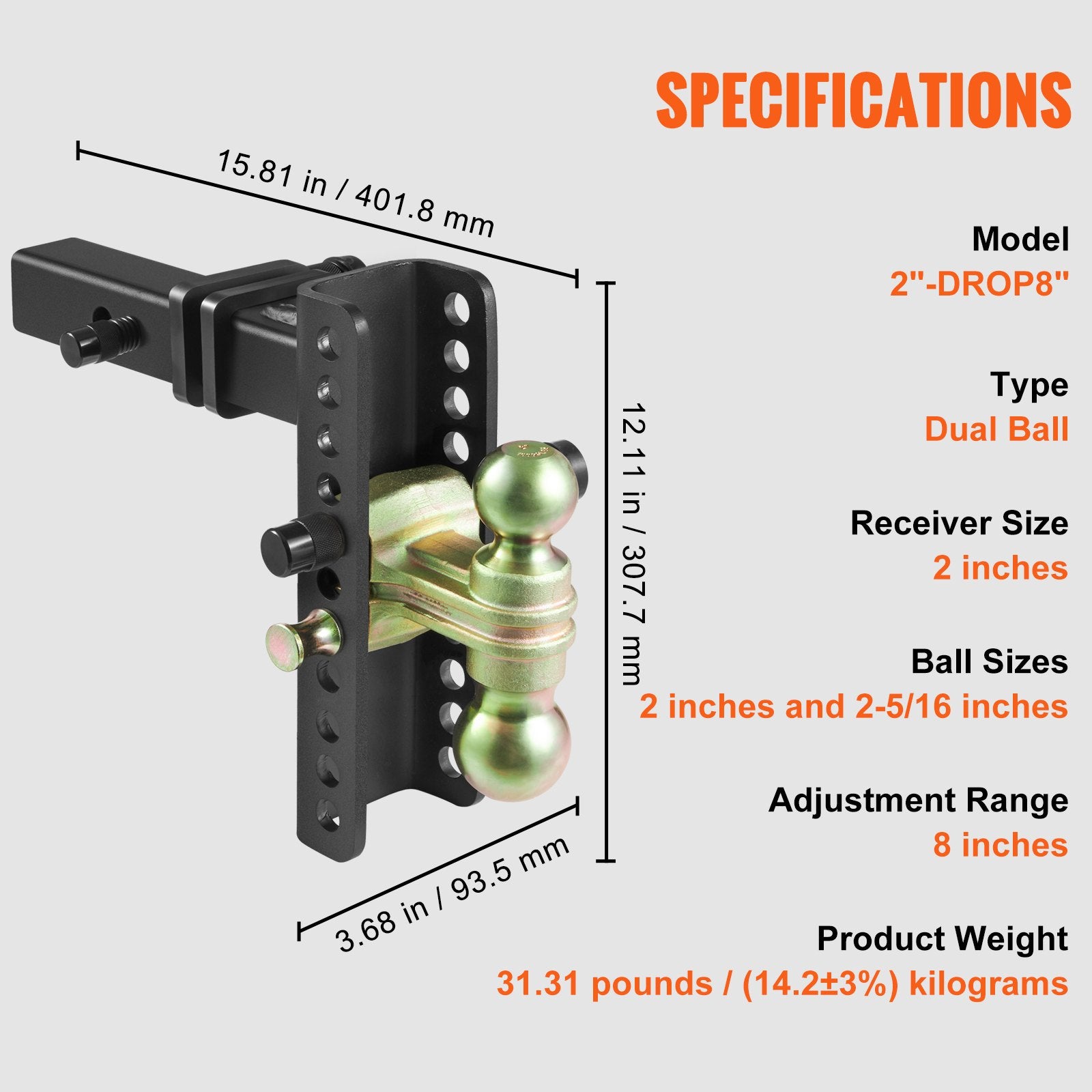 Automotive Repair & Speciality Tools: VEVOR Adjustable Trailer Hitch, 203.2 mm Drop & 165.1 mm Rise Hitch Ball Mount with 50.8 mm Receiver, Solid Tube, 6350 kg GTW, 50.8 m and 58.7 mm 45# Steel Tow Balls with Key Lock for Truck Towing