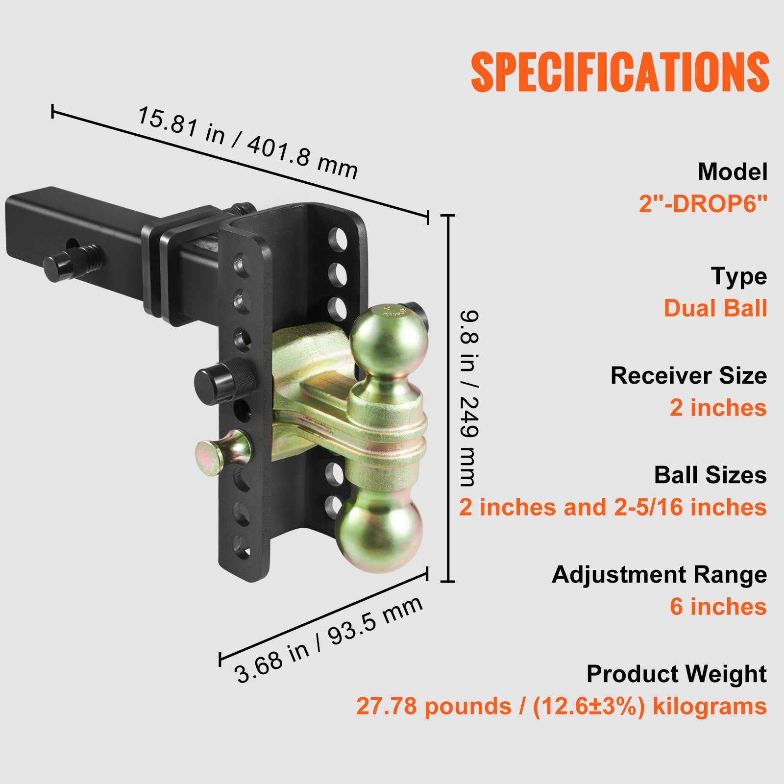 Automotive Repair & Speciality Tools: VEVOR Adjustable Trailer Hitch, 152.4 mm Drop & 114.3 mm Rise Hitch Ball Mount with 50.8 mm Receiver, Solid Tube, 6350 kg GTW, 50.8 mm and 58.7 mm 45# Steel Tow Balls with Key Lock for Truck Towing