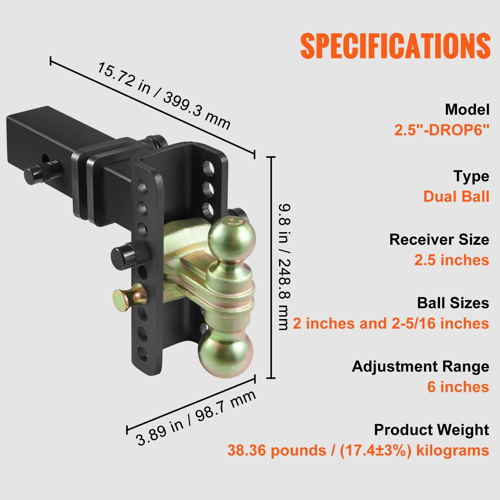 Adjustable Trailer Hitch, 15cm Drop & 11.43cm Rise Hitch Ball Mount with 6.35cm Receiver, Solid Tube, 6577 kgs GTW, 5.08cm & 5.08-0.79cm 45# Steel Tow Balls with Key Lock for Truck Towing