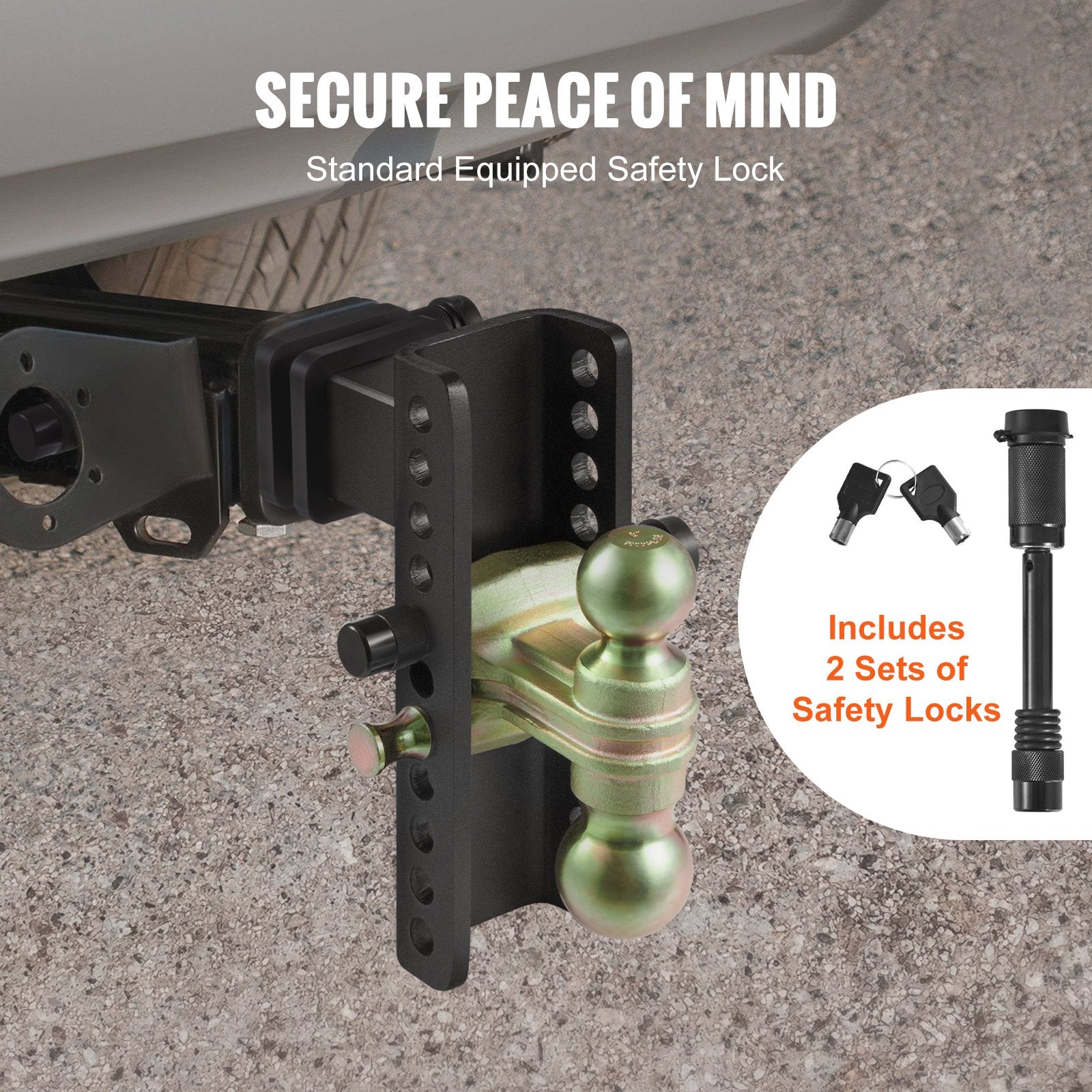 Adjustable Trailer Hitch, 203.2 mm Drop & 165.1 mm Rise Hitch Ball Mount with 63.5 mm Receiver, Solid Tube, 6577 kg GTW, 50.8 mm & 58.7 mm 45# Steel Tow Balls with Key Lock for Truck Towing