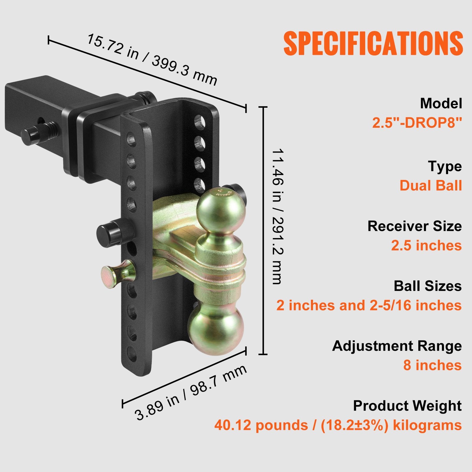 Adjustable Trailer Hitch, 203.2 mm Drop & 165.1 mm Rise Hitch Ball Mount with 63.5 mm Receiver, Solid Tube, 6577 kg GTW, 50.8 mm & 58.7 mm 45# Steel Tow Balls with Key Lock for Truck Towing