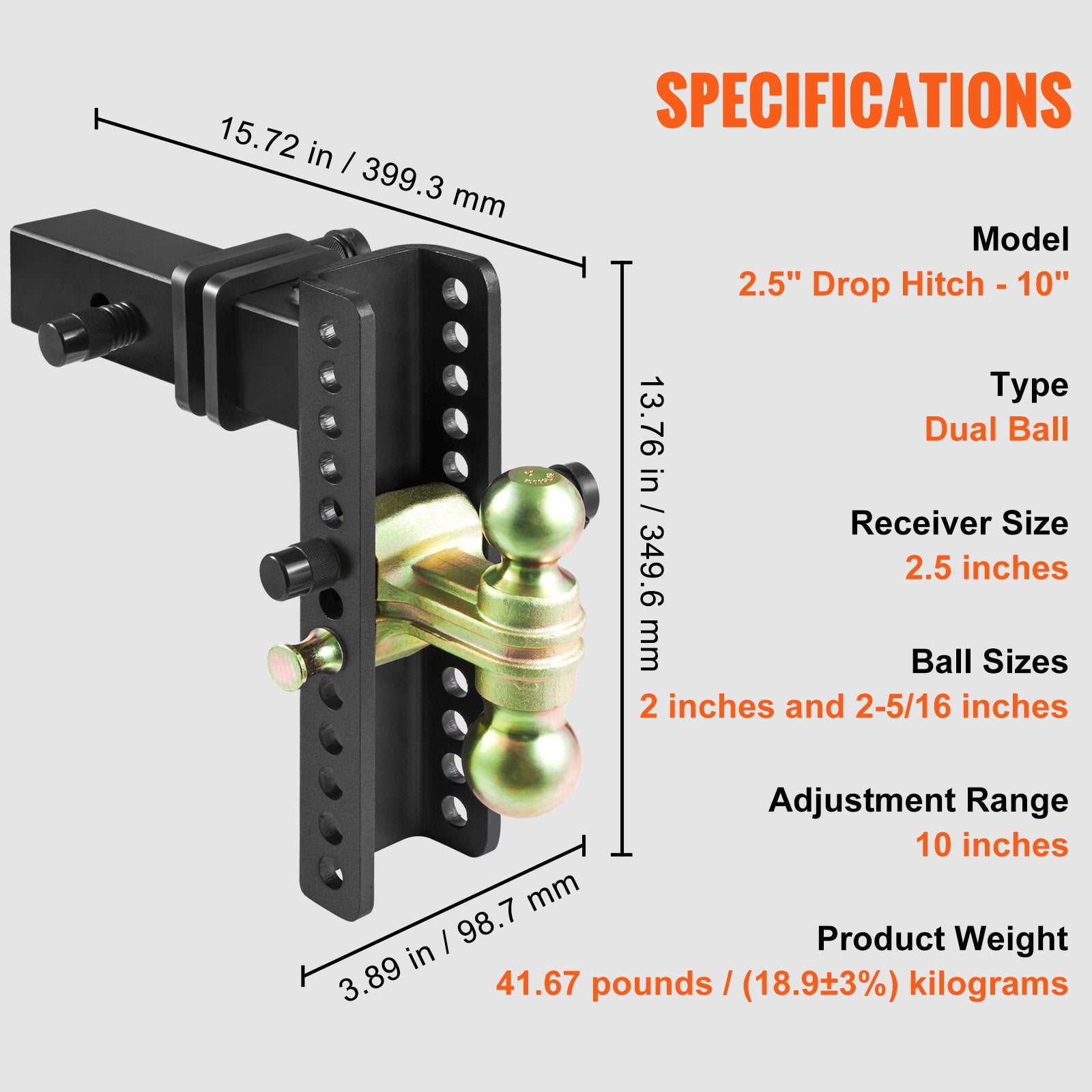 Adjustable Trailer Hitch, 25 cm Drop & 21.59 cm Rise Hitch Ball Mount with 6.35 cm Receiver Solid Tube, 6577 kgs GTW, 5.08 cm & 5.08-0.79 cm 45# Steel Tow Balls with Key Lock for Truck Towing