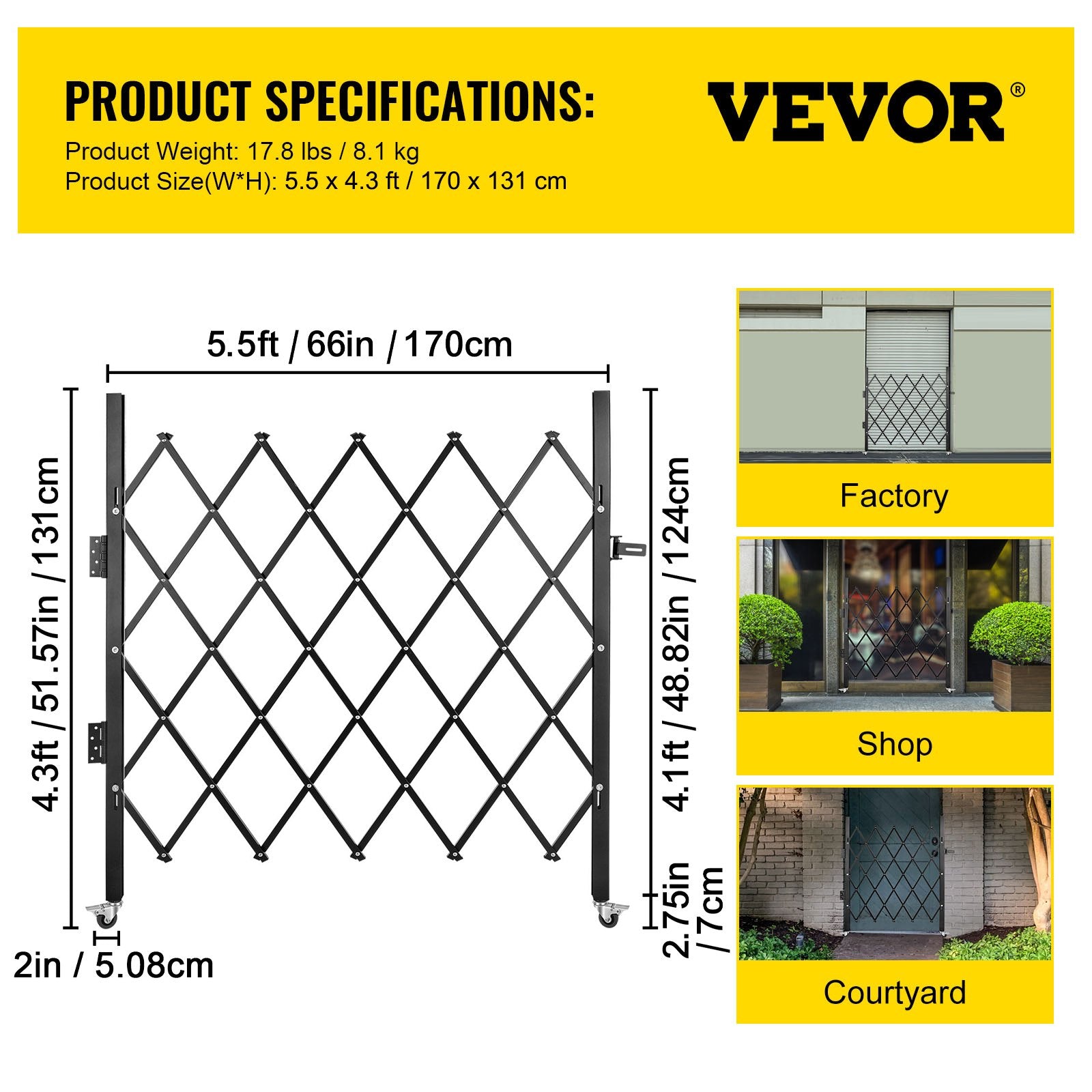 Fence & Gate Accessories: VEVOR Single Folding Security Gate Folding Door Gate 48"H x 66"W Scissor Gate