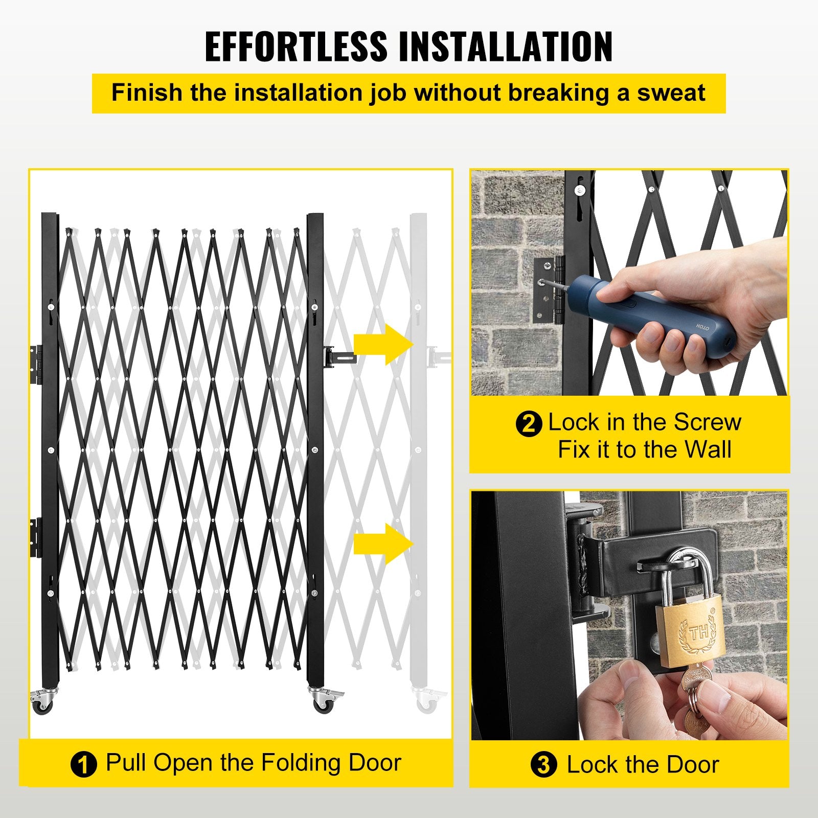 Fence & Gate Accessories: VEVOR Single Folding Security Gate, 85" H x 95" W Folding Door Gate, Steel Accordion Security Gate, Flexible Expanding Security Gate, Rolling Barricade Gate, Scissor Gate/Door with Padlock