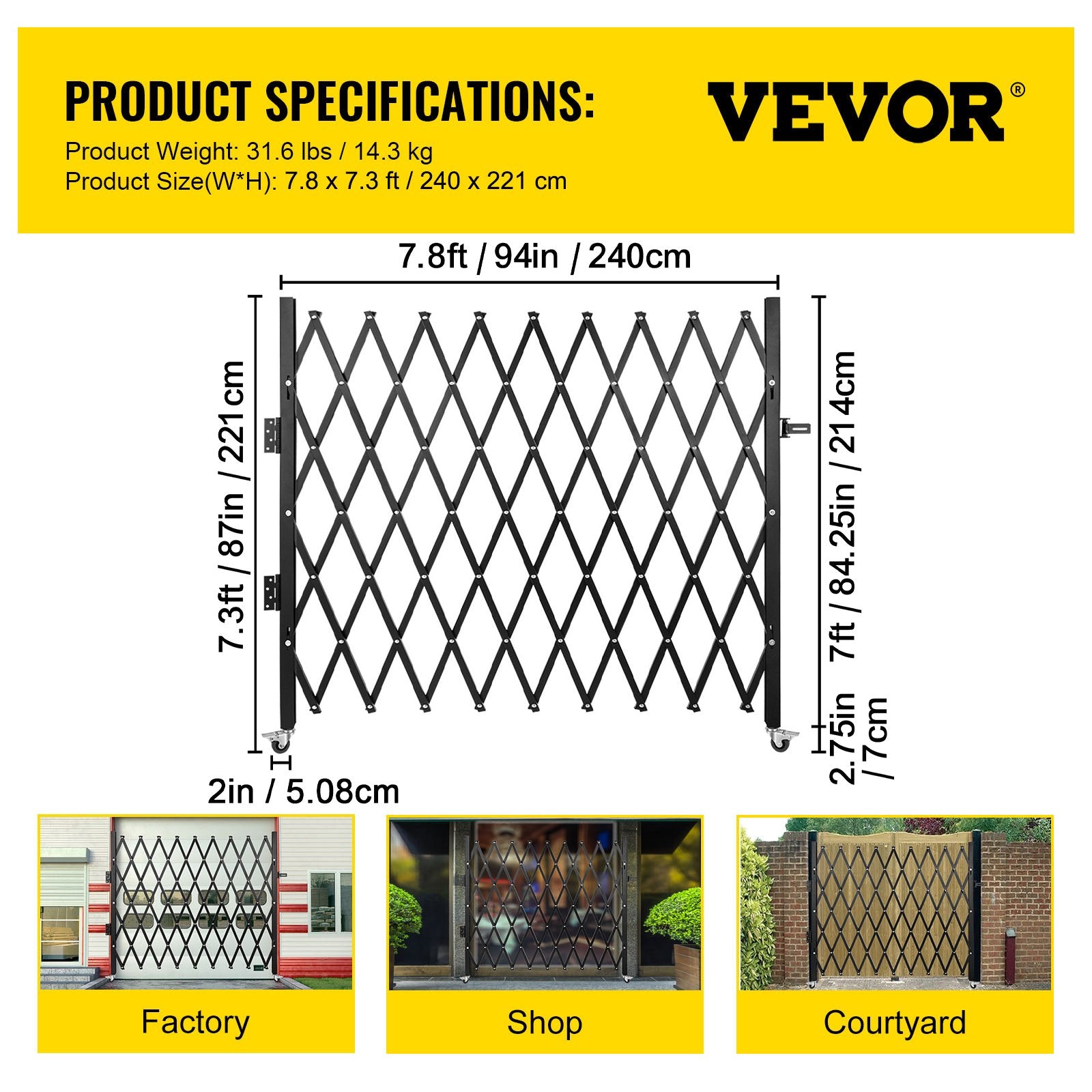 Fence & Gate Accessories: VEVOR Single Folding Security Gate, 85" H x 95" W Folding Door Gate, Steel Accordion Security Gate, Flexible Expanding Security Gate, Rolling Barricade Gate, Scissor Gate/Door with Padlock