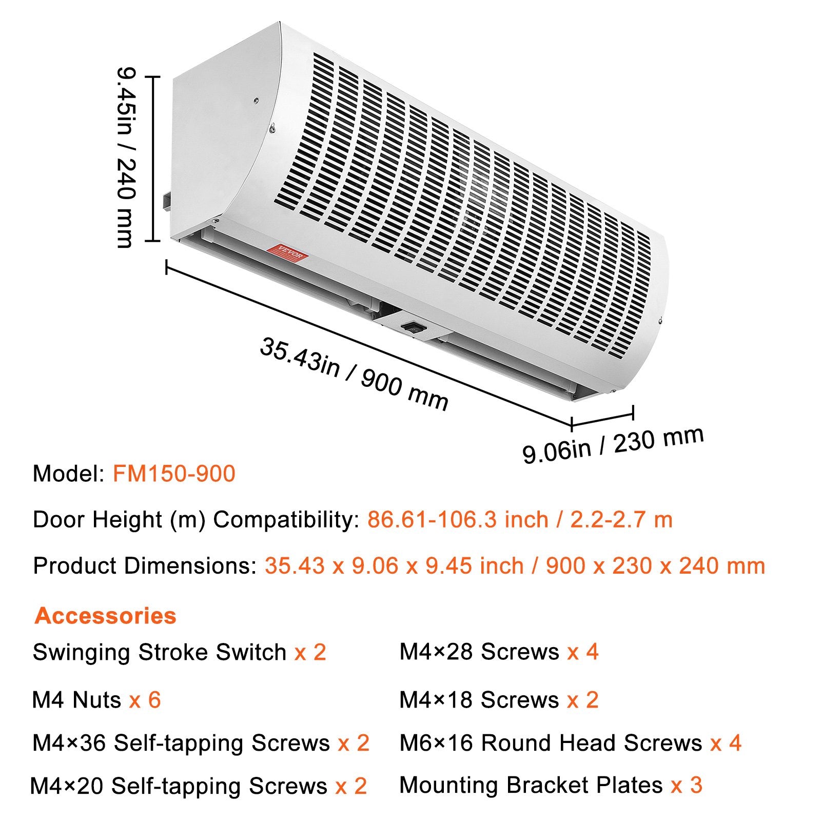 Curtain Accessories: VEVOR 0.9m Commercial Indoor Air Curtain Super Power 2 Speeds 2038m³/h, UL Certified Wall Mounted Air Curtains for Doors, Indoor Over Door Fan with Heavy Duty Limit Switch, Easy-Install Unheated