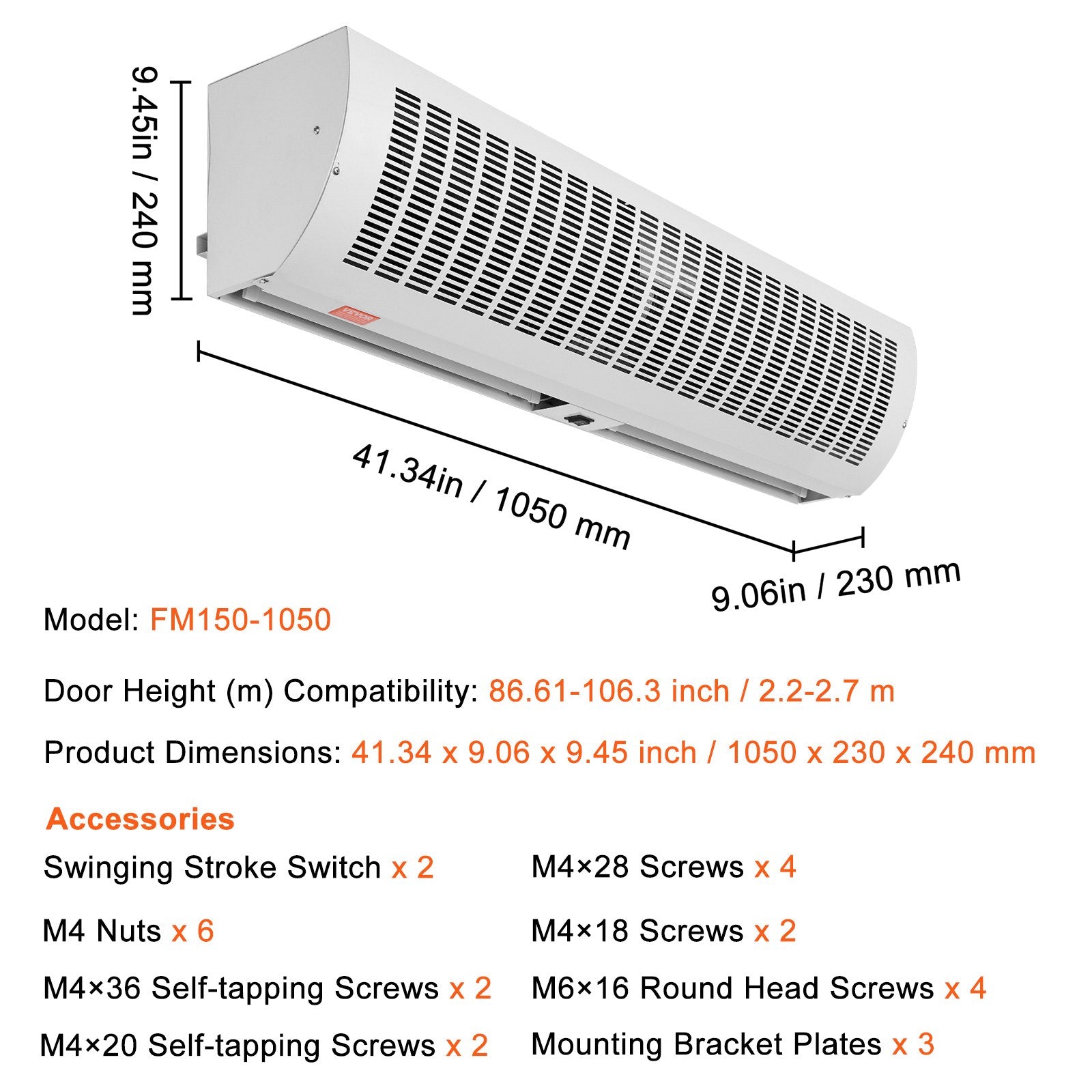 1.1m Commercial Indoor Air Curtain Super Power 2 Speeds 2292m_/h, UL Certified Wall Mounted Air Curtains for Doors, Indoor Over Door Fan with Heavy Duty Limit Switch, Easy-Install Unheated