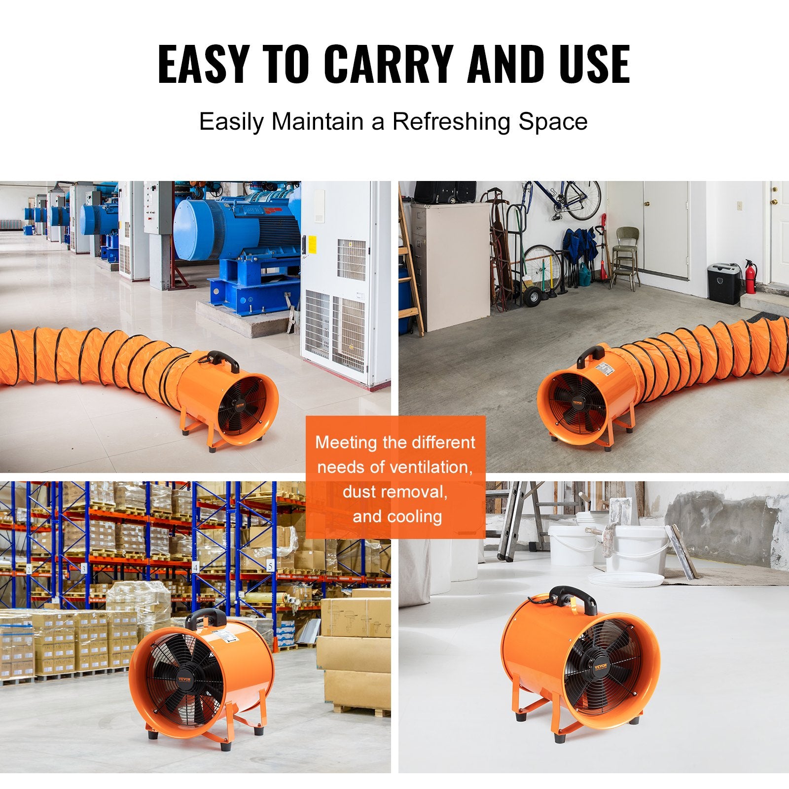 Portable Ventilator, 254mm/10inch Heavy Duty Cylinder Fan with 10m Duct Hose, 300W Strong Shop Exhaust Blower 1720CFM, Industrial Utility Blower for Sucking Dust, Smoke, Smoke Home/Workplace