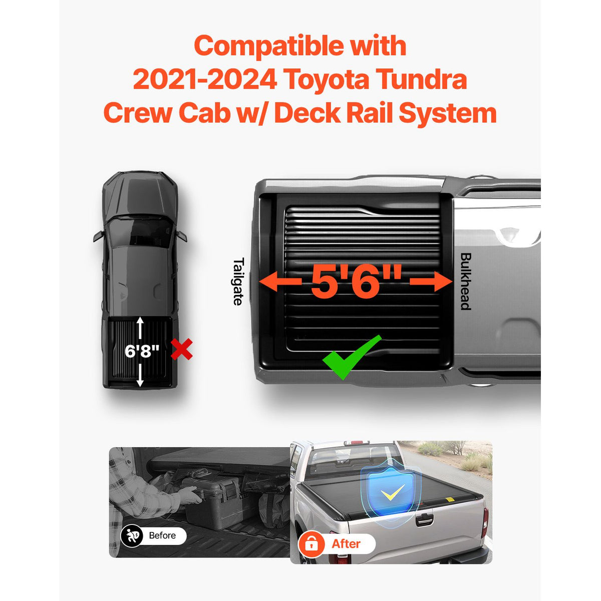 Retractable Tonneau Cover, 5.5 ft Retractable Tonneau Cover with Built-in Drainage Pipe for 2021-2024 Toyota Tundra Crew Cab w/ Deck Rail System , Hard Tonneau Cover with Double-Lock & T-Slot