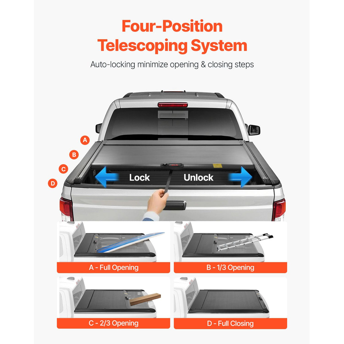 Retractable Tonneau Cover, 5.5 ft Retractable Tonneau Cover with Built-in Drainage Pipe for 2021-2024 Toyota Tundra Crew Cab w/ Deck Rail System , Hard Tonneau Cover with Double-Lock & T-Slot