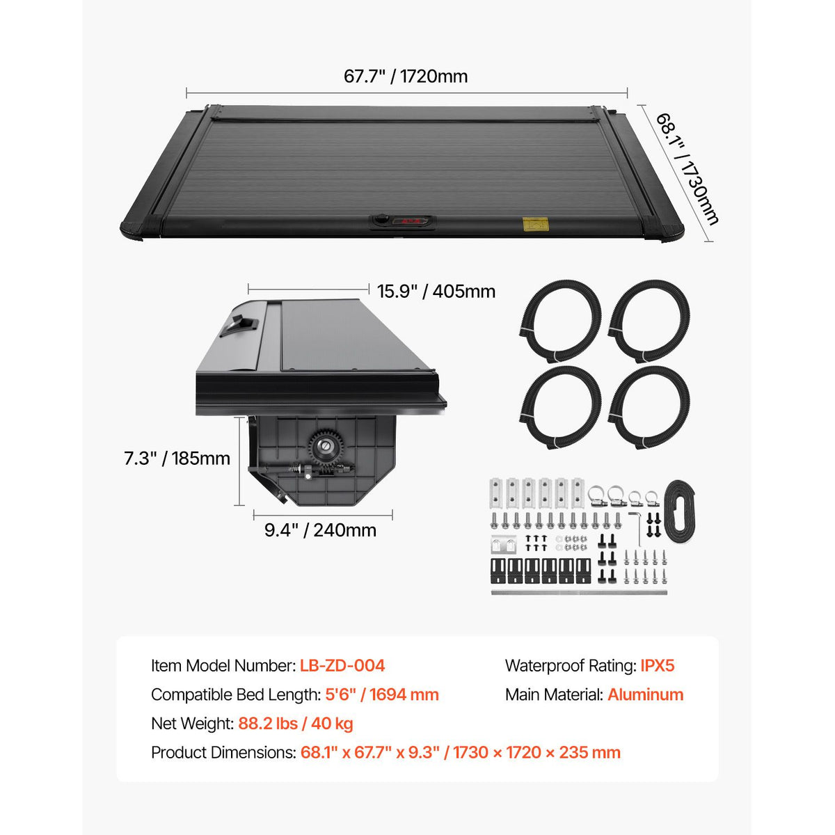 Retractable Tonneau Cover, 5.5 ft Retractable Tonneau Cover with Built-in Drainage Pipe for 2021-2024 Toyota Tundra Crew Cab w/ Deck Rail System , Hard Tonneau Cover with Double-Lock & T-Slot