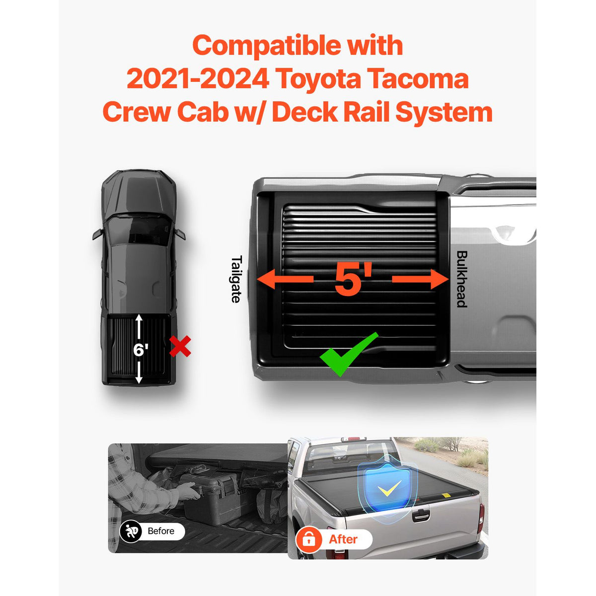 Retractable Tonneau Cover, 5.0 ft Retractable Tonneau Cover with Built-in Drainage Pipe for 2021-2024 Toyota Tacoma Crew Cab w/ Deck Rail System , Hard Tonneau Cover with Double-Lock & T-Slot