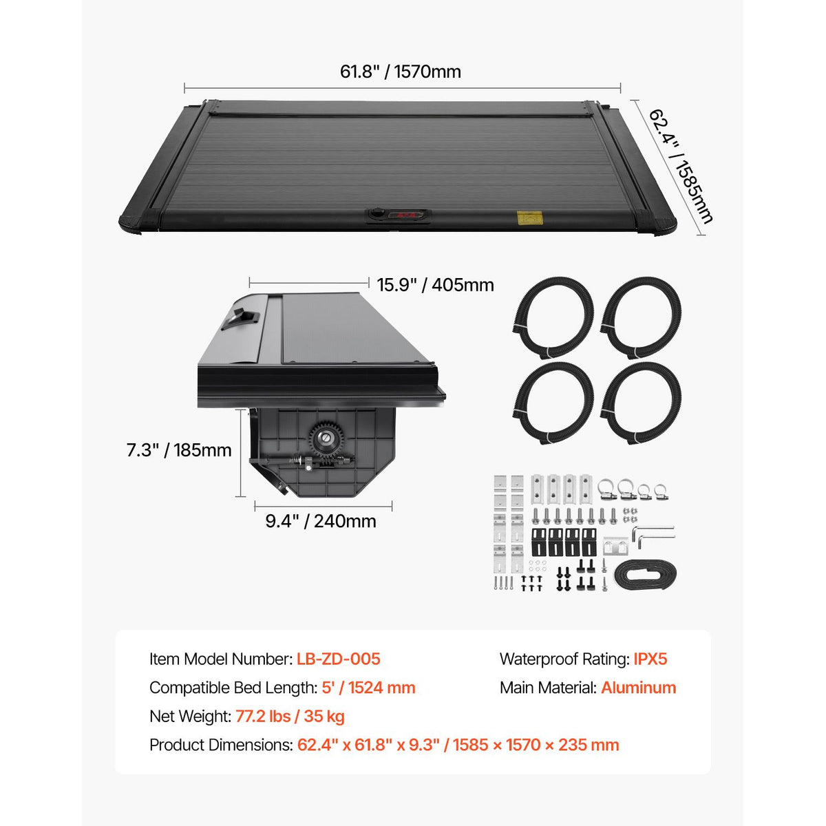 Retractable Tonneau Cover, 5.0 ft Retractable Tonneau Cover with Built-in Drainage Pipe for 2021-2024 Toyota Tacoma Crew Cab w/ Deck Rail System , Hard Tonneau Cover with Double-Lock & T-Slot