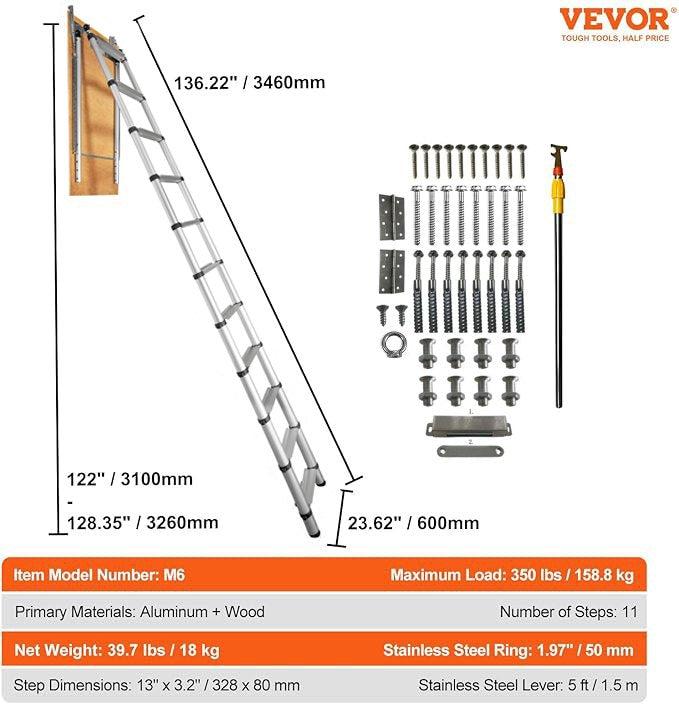 Attic Ladder Telescoping, 158.76kg Capacity, 100cm x 59.94cm,Multi-Purpose Aluminium Extension, Lightweight and Portable,Fits298.7cm-320.04cmCeilingHeights,Convenient Access to Your Attic Standa